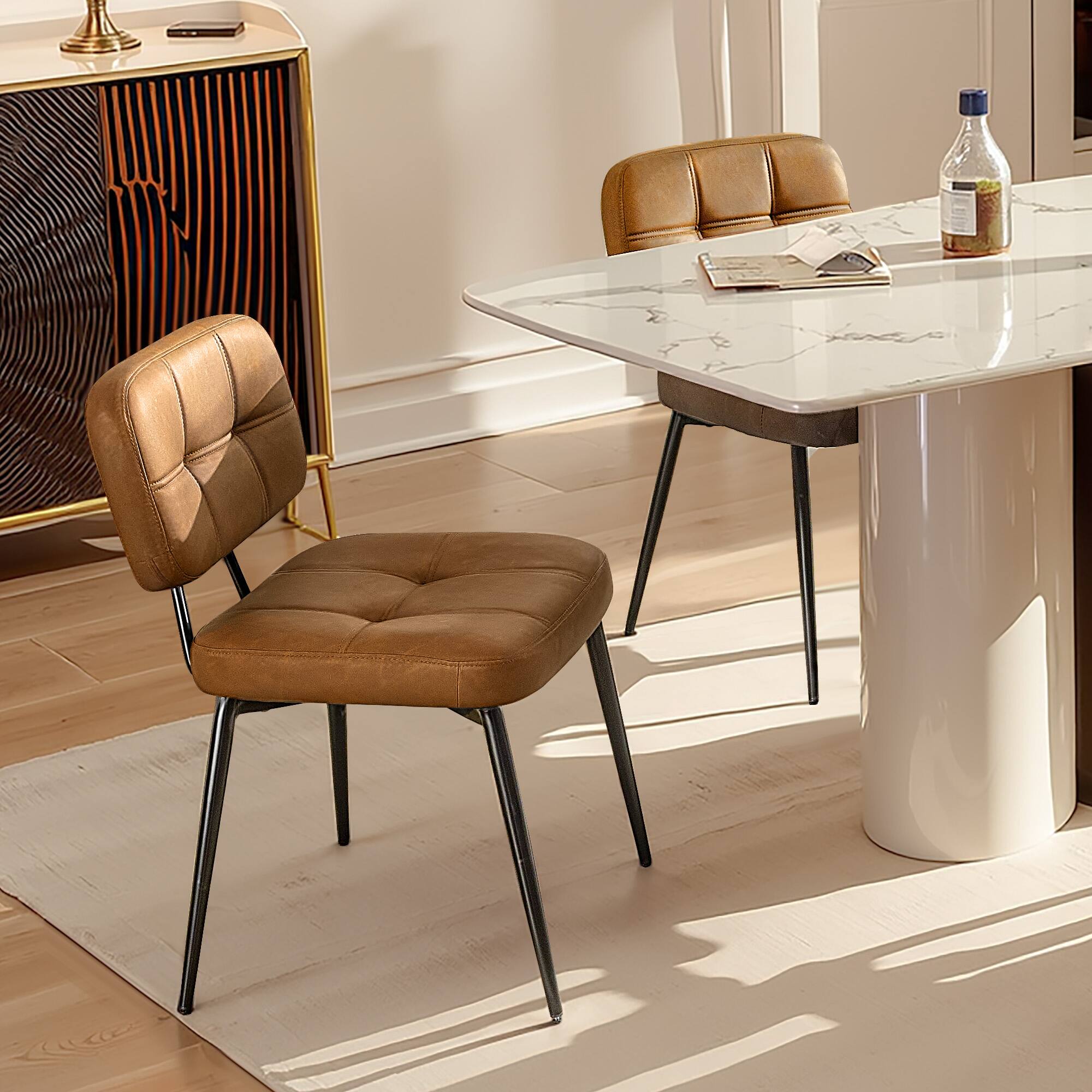 Alt View 5. KERDOM - Mid-Century Dining Chairs Set of 2, Vintage PU Leather Armless Kitchen Chair 2pcs, Thickened Cushion Coffee Corner Chair - Brown.