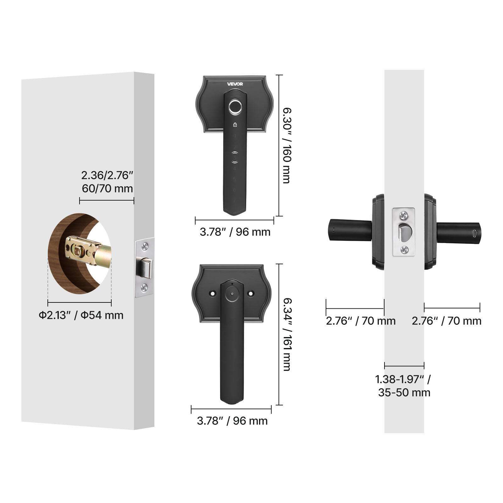 VEVOR  
2.36/2.76" 60/70 mm  
6.30" / 160 mm  
3.78" / 96 mm  
2.13" / 54 mm  
6.34" / 161 mm  
2.76" / 70 mm  
1.38-1.97" / 35-50 mm