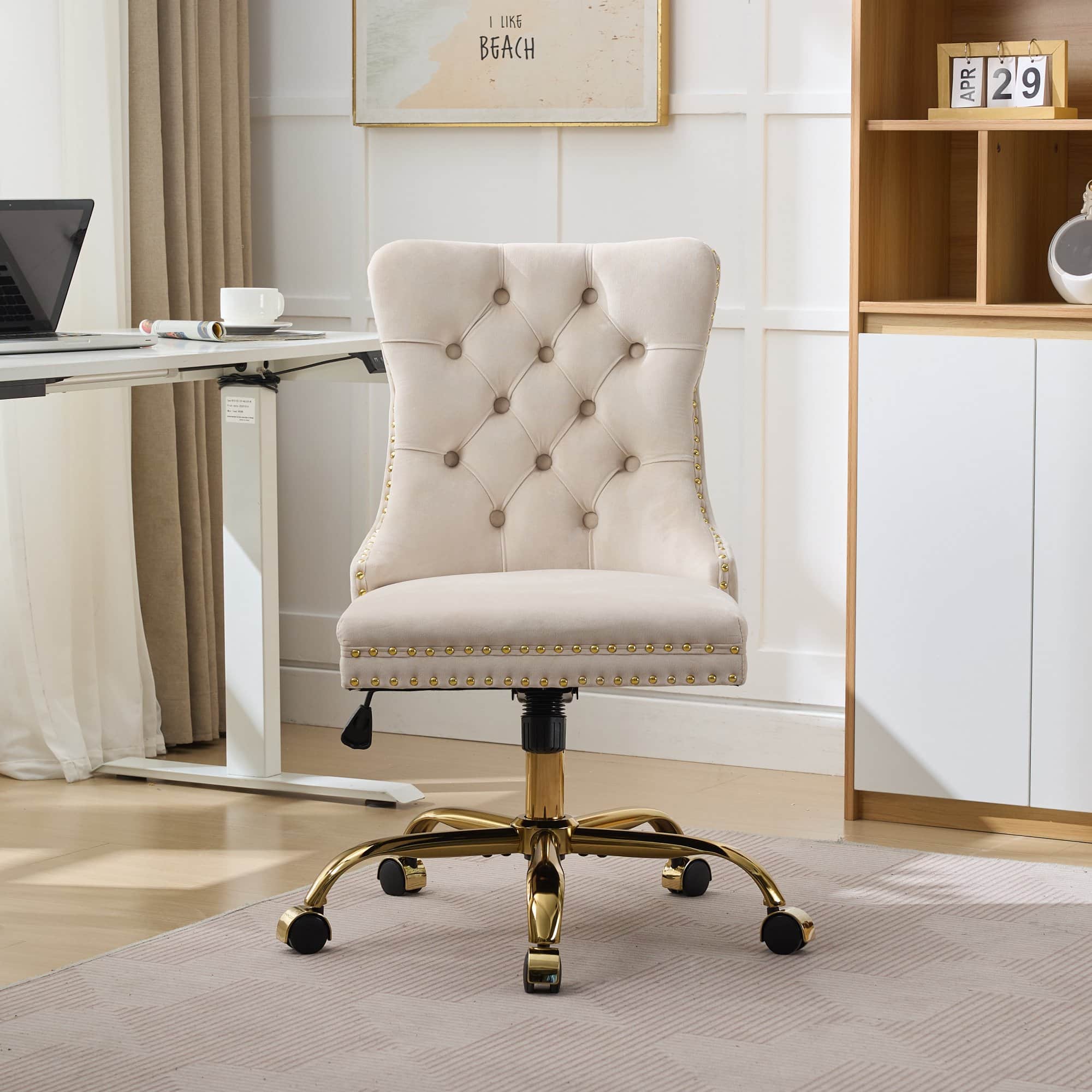 PexFix - Modern Office Chair, Tufted Velvet Upholstery, Adjustable Height & Swivel with Chrome Base, for Home Office - Beige