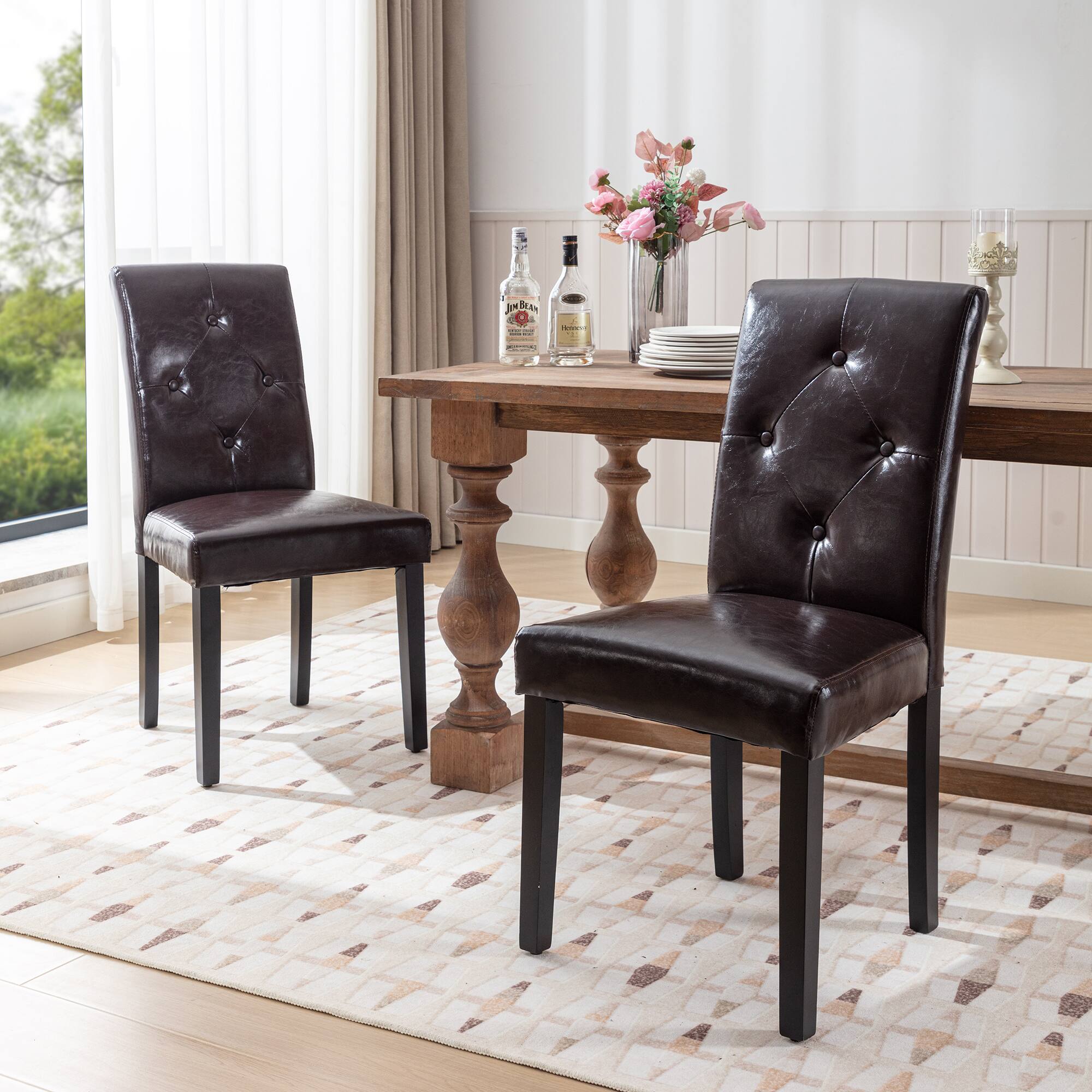 Alt View 3. Vecelo - Set of 2 Linen Dining Chairs  Upholstered Chairs- Ergonomic High Back, 260lb Capacity, Solid Wood Legs - Coffee.