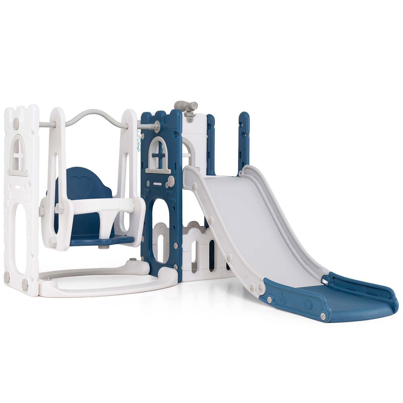 Alt View 8. Costway - Costway 7 in 1 L-shaped Toddle Swing and Slide Set with Swing, Basketball Hoop & Telescope - Blue+White.