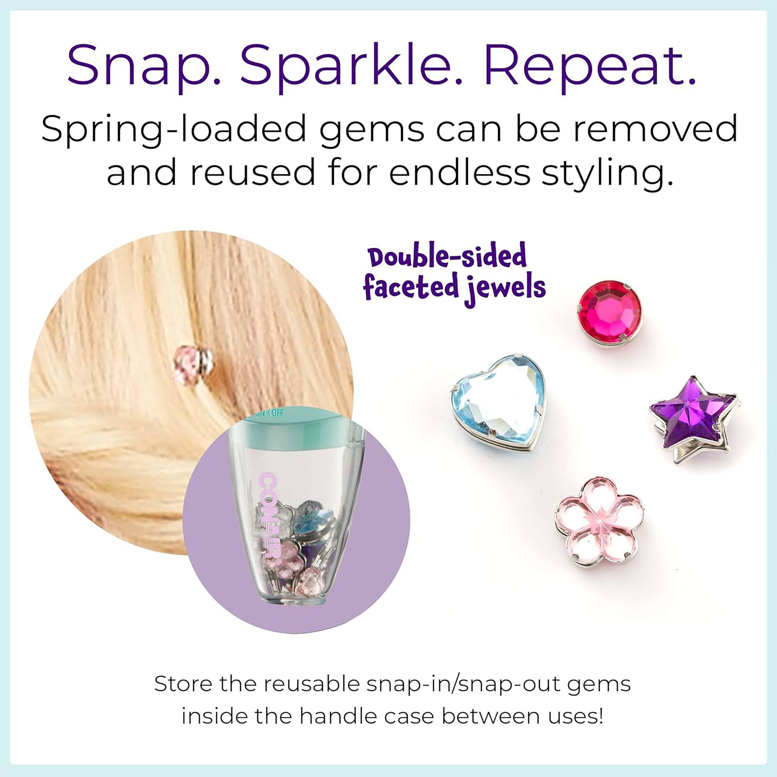 Snap. Sparkle. Repeat. Spring-loaded gems can be removed and reused for endless styling. Double-sided faceted jewels. Store the reusable snap-in/snap-out gems inside the handle case between uses!