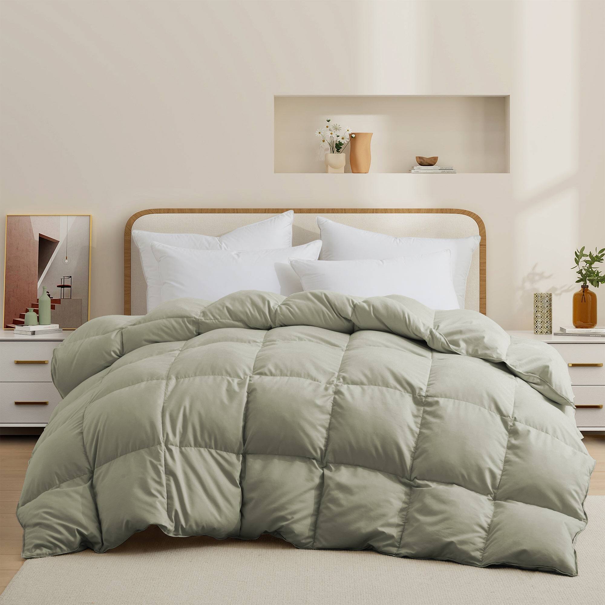 Front. Peace Nest - Peace Nest All-Season Medium Warmth White Goose Feather Down Fiber Comforter Duvet Insert, Sage Green, King - Sage Green.