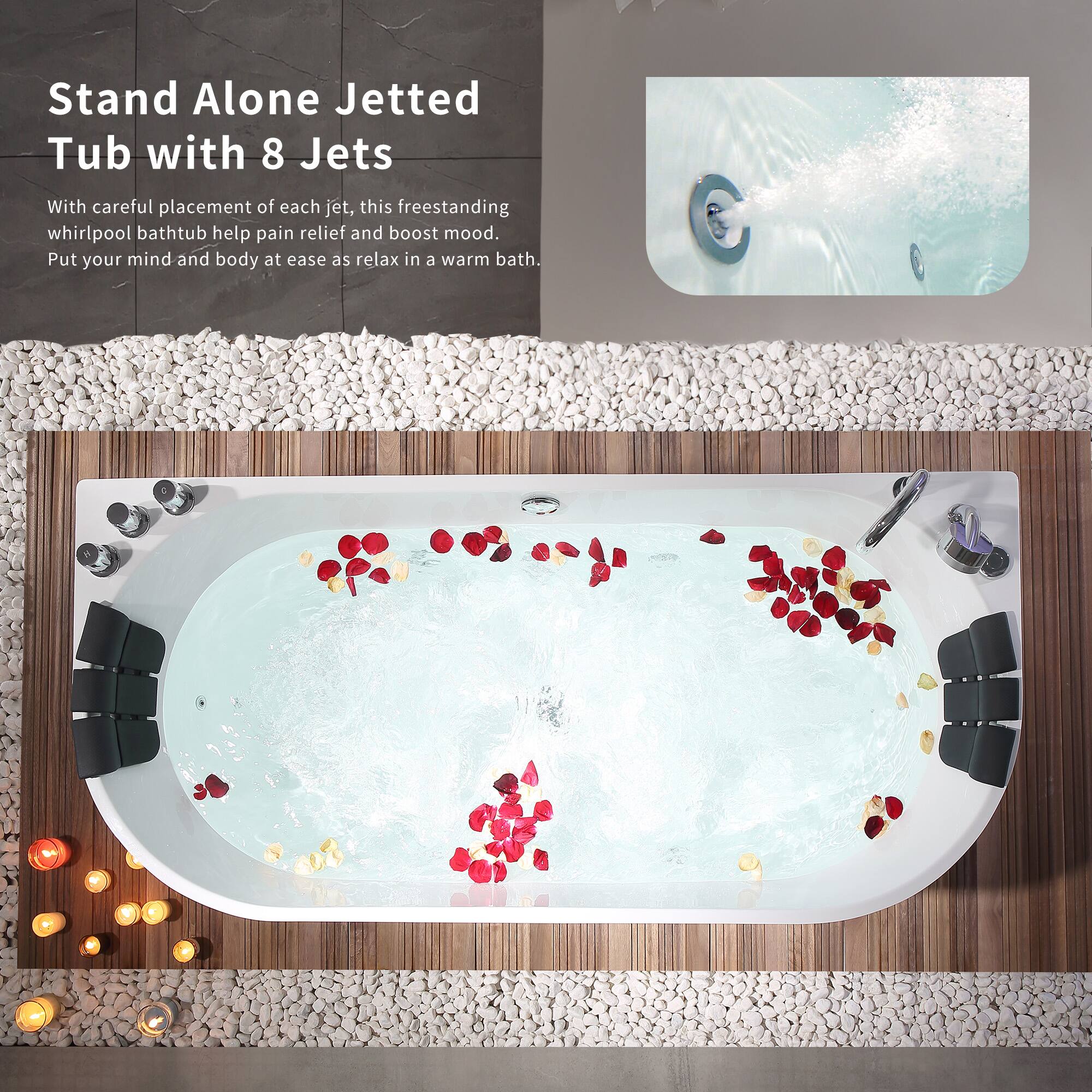 Stand Alone Jetted Tub with 8 Jets

With careful placement of each jet, this freestanding whirlpool bathtub helps with pain relief and boosts mood. Put your mind and body at ease as you relax in a warm bath.