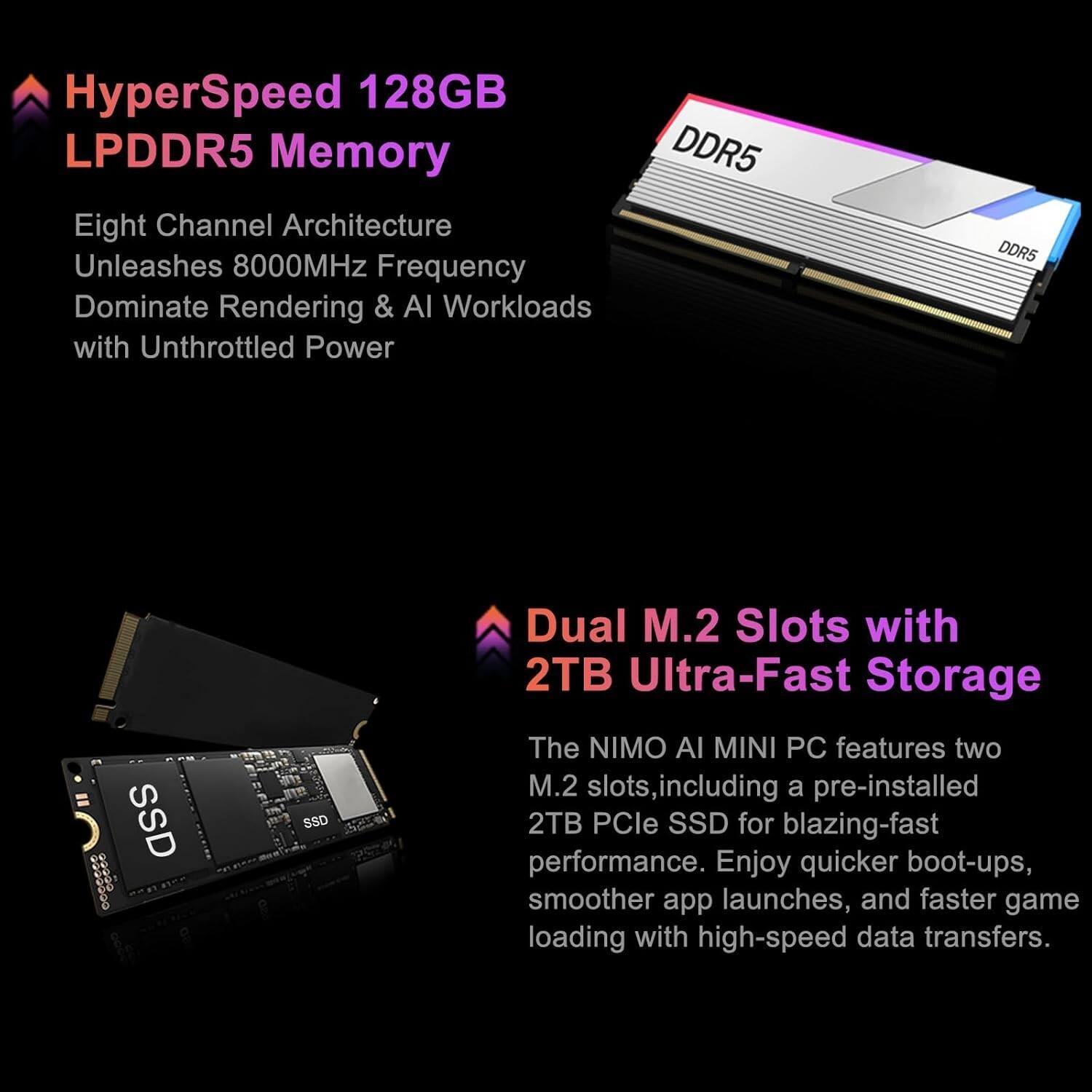 HyperSpeed 128GB LPDDR5 Memory  
Eight Channel Architecture  
Unleashes 8000MHz Frequency  
Dominate Rendering & AI Workloads with Unthrottled Power  

Dual M.2 Slots with 2TB Ultra-Fast Storage  
The NIMO AI MINI PC features two M.2 slots, including a pre-installed 2TB PCIe SSD for blazing-fast performance. Enjoy quicker boot-ups, smoother app launches, and faster game loading with high-speed data transfers.