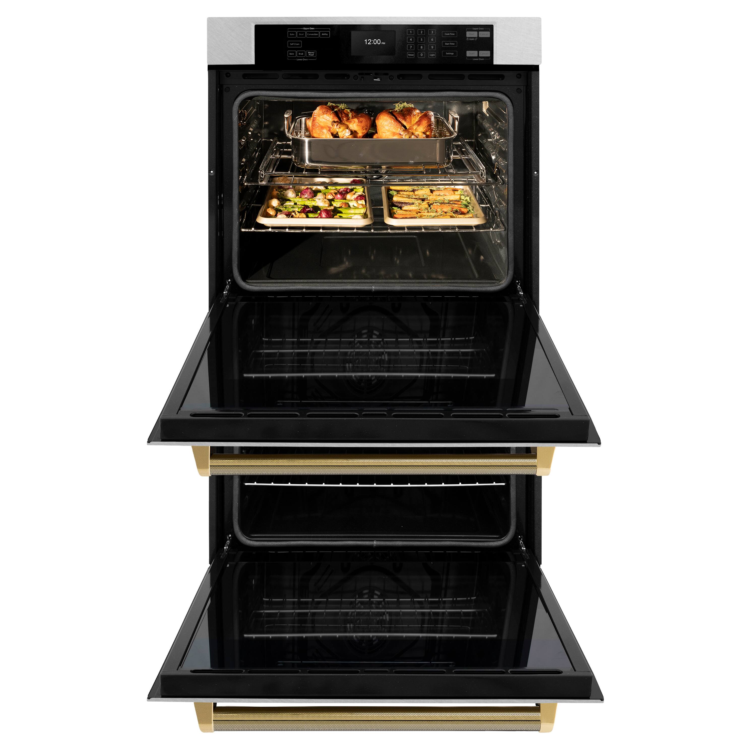 Left. ZLINE - ZLINE Autograph 30 in. True Convection Double Wall Oven in Satin Steel with Gold Helix Handles (WADSZ-30-KG) - Satin Stainless Steel.