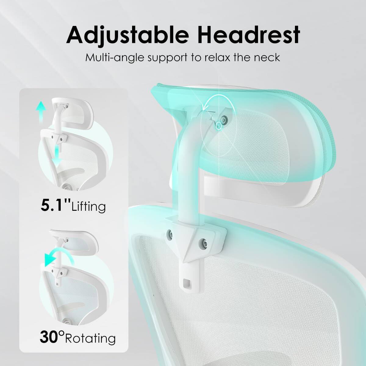 Adjustable Headrest  
Multi-angle support to relax the neck  

5.1" Lifting  
30° Rotating