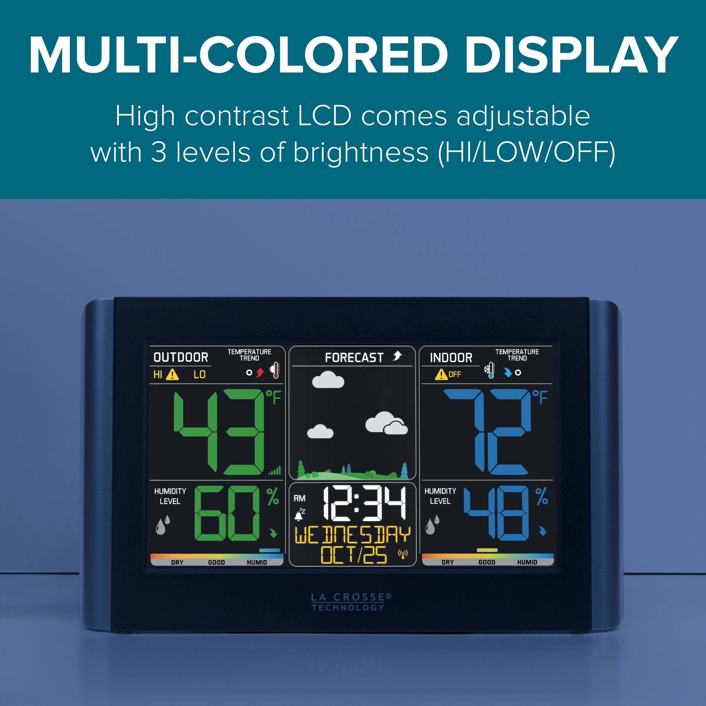 MULTI-COLORED DISPLAY  
High contrast LCD comes adjustable with 3 levels of brightness (HI/LOW/OFF)  

TEMPERATURE  
OUTDOOR  
HI LO  
43°F  

FORECAST  

INDOOR  
HI LO  
72°F  

HUMIDITY  
OUTDOOR  
60%  

INDOOR  
48%  

12:34  
WE DNE  
OCT 25  

LA CROSSE TECHNOLOGY
