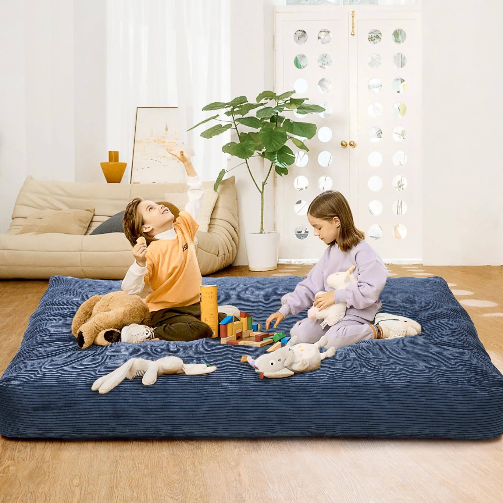 Angle. Acekool - 2-in-1 Bean Bag Chair Bed, Convertible Corduroy Couch from Chair to Mattress, Large Floor Sofa with Washable Cover - Navy Blue.