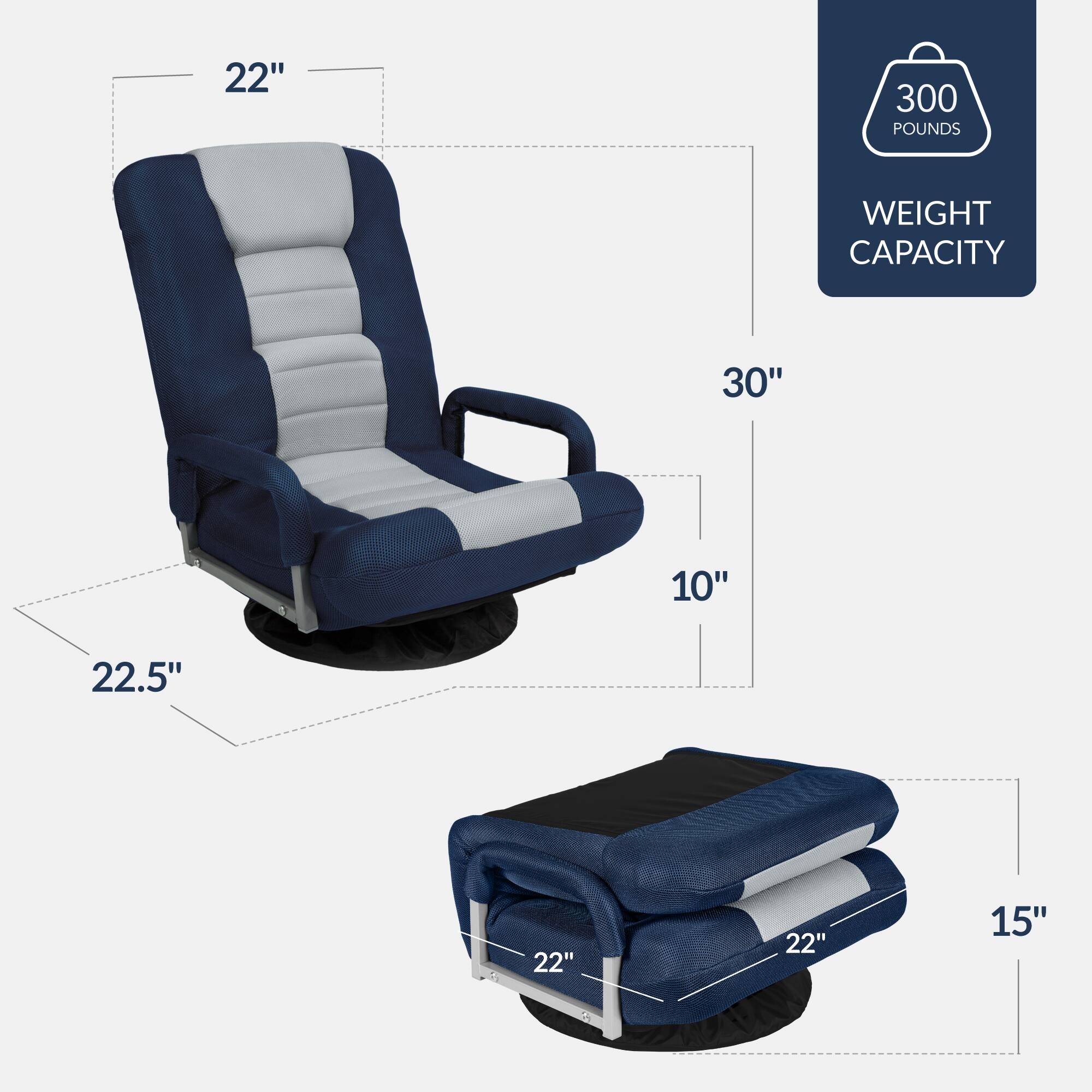 - 22" (height of the chair)
- 30" (width of the chair)
- 10" (depth of the chair)
- 22.5" (depth of the chair from the backrest to the front)
- 15" (height of the footrest)
- 22" (width of the footrest)
- 22" (depth of the footrest)
- 300 pounds weight capacity