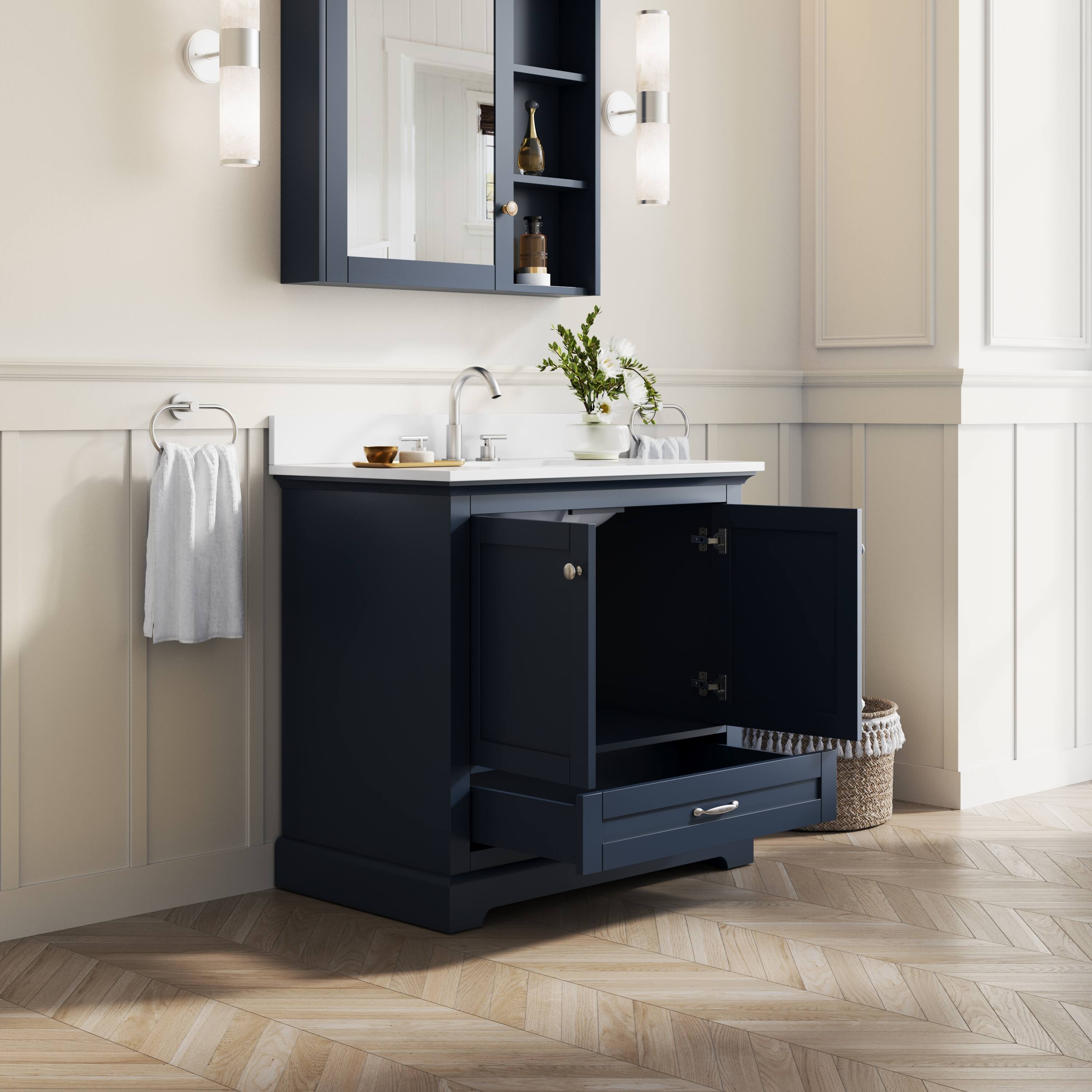 Back. WELLFOR - LVD 36 in. Solid Wood Single Sink Freestanding Bath Vanity with Culutered Marble Top, Assembled - Navy Blue.