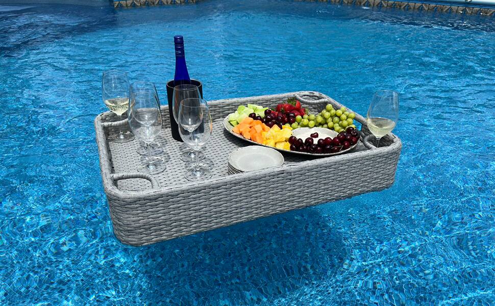 Angle. SUNJOY - Sunjoy Wicker Floating Pool Tray 36x24'' Durable & Sturdy Frame Pool Accessory Tray Fits Most Pool Sizes - Grey.