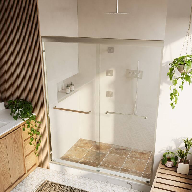 Angle. WELLFOR - 56-60 in W x 72 in H Framed Shower Door with Double Sliding & Stainless Steel Towel Bar Handle, 1/4" Tempered Glass - Brushed Nickel.