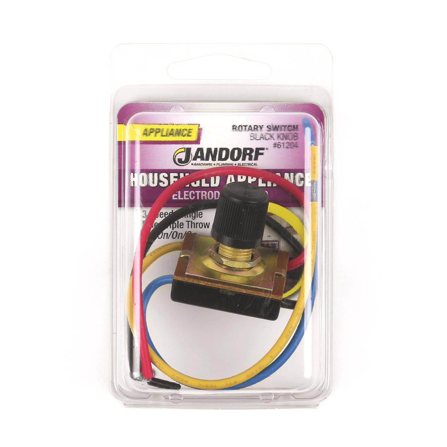 ROTARY SWITCH  
BLACK KNOB  
#61204  
J ANDORF  
HOUSEHOLD APPLIANCE  
ELECTROD  
3-WIRE  
Single Throw  
On/On/Off  
AXIAL