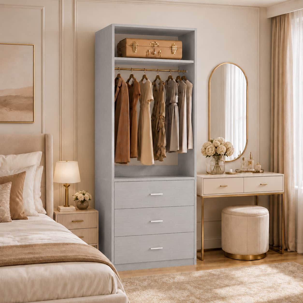 Aheaplus - 24" Freestanding Closet System,3 Wooden Drawers, Hanging Rod & Shelves - Space-Saving Organizer for Small Closets - Gray
