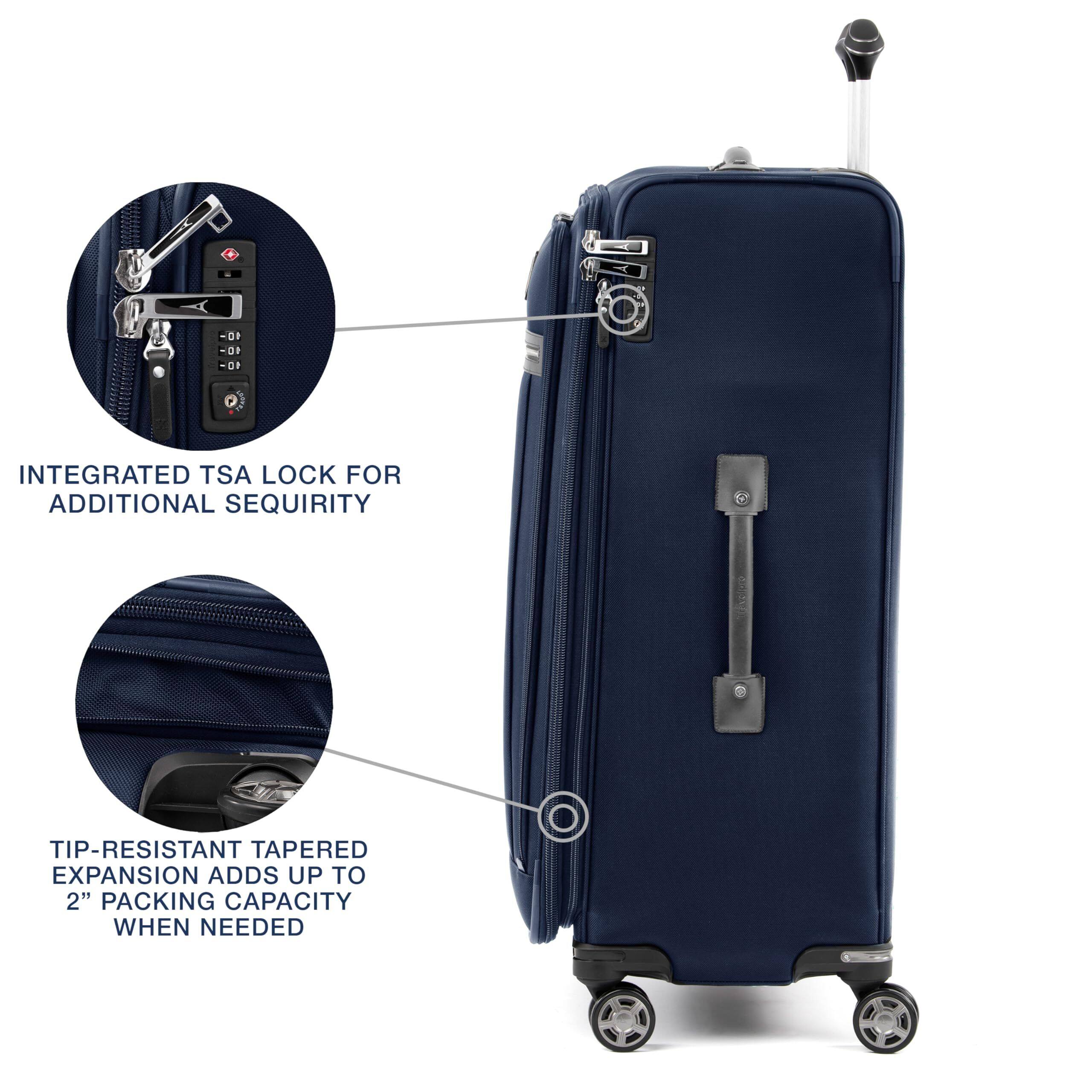 - Integrated TSA lock for additional security
- Tip-resistant tapered expansion adds up to 2" packing capacity when needed