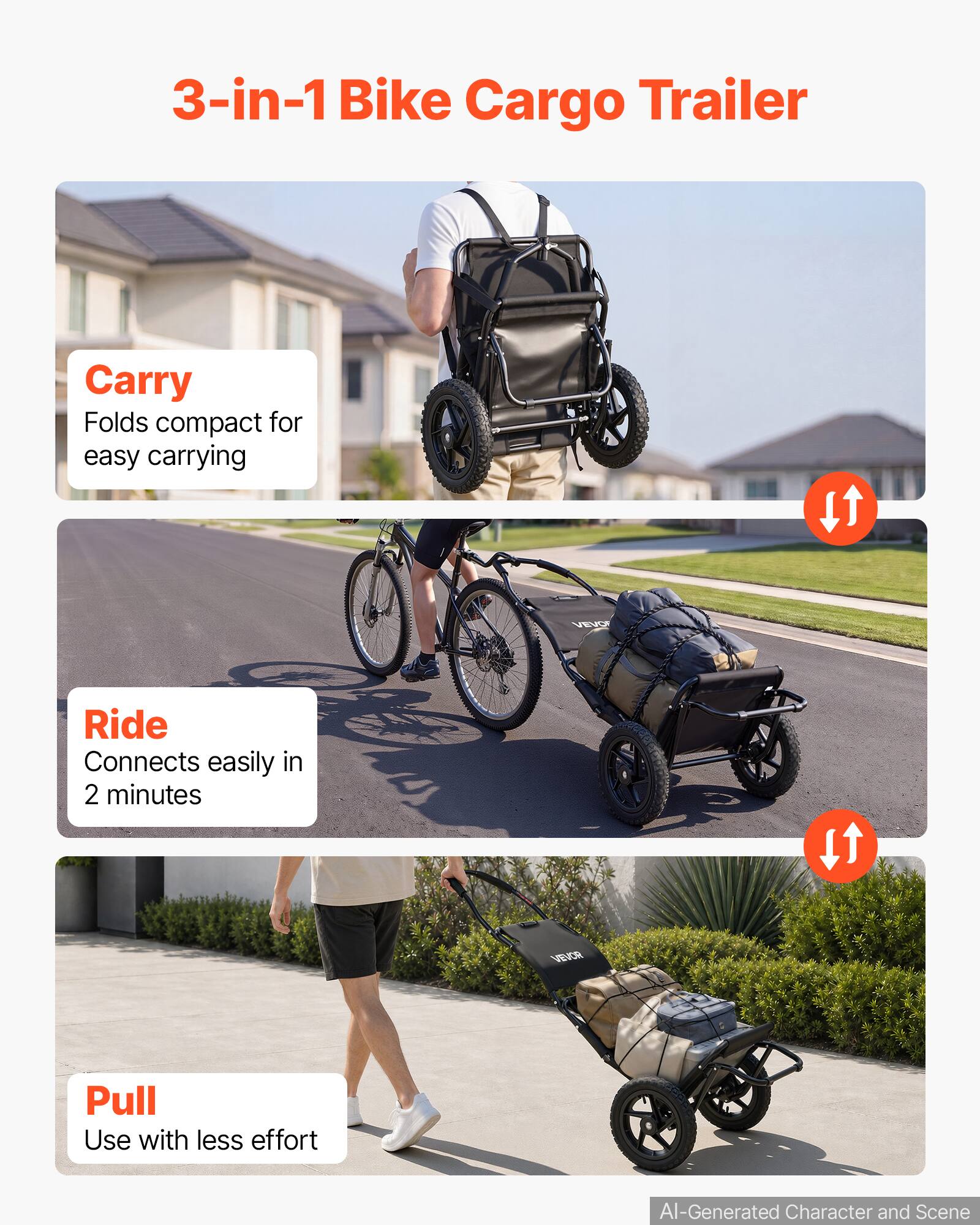 3-in-1 Bike Cargo Trailer

Carry
Folds compact for easy carrying

Ride
Connects easily in 2 minutes

Pull
Use with less effort

AI-Generated Character and Scene