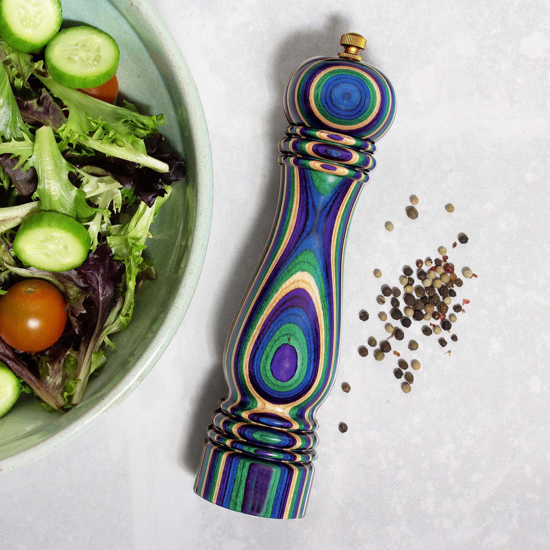 Angle. Baltique - Mumbai Collection Refillable Pepper Grinder - Purple, Green, Blue.