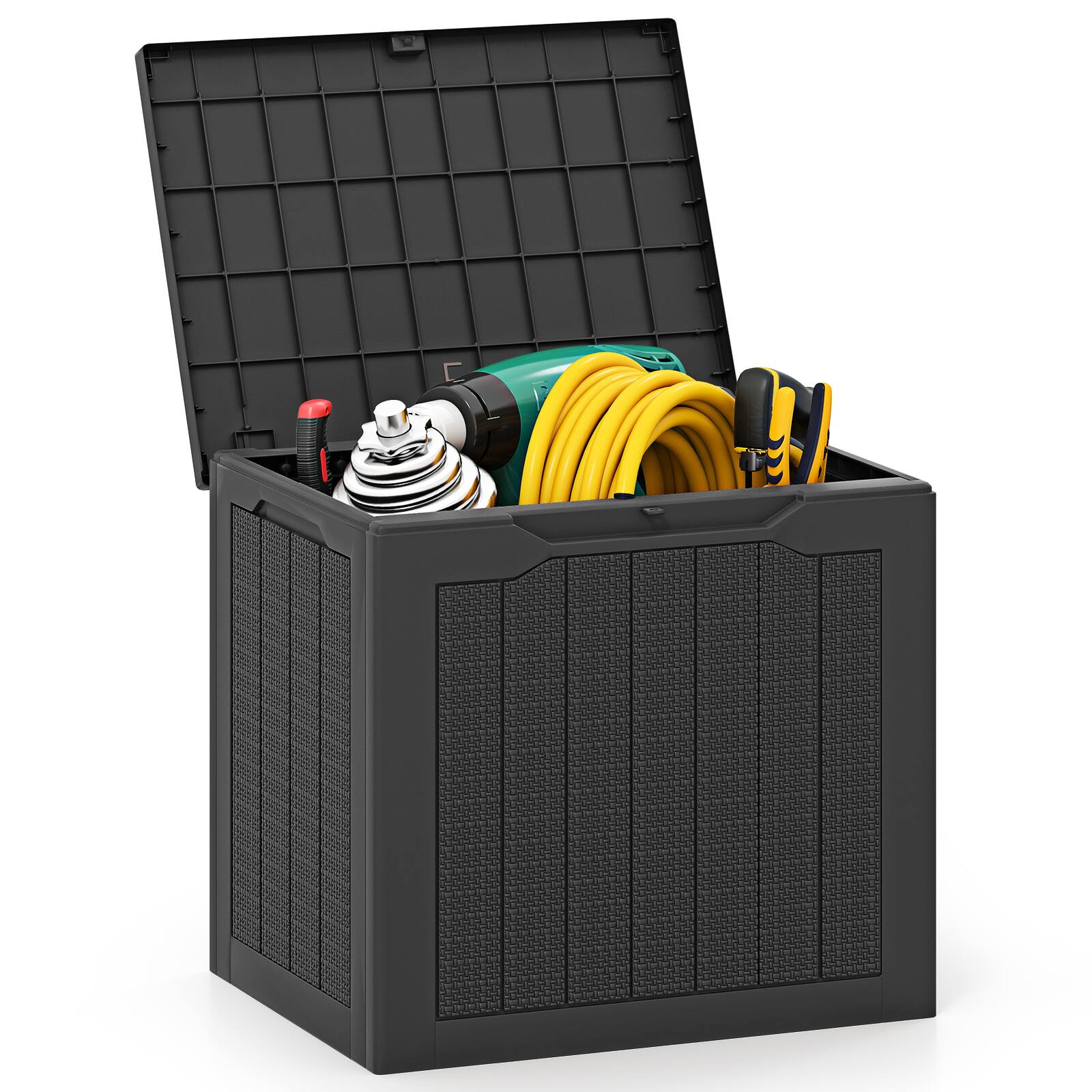 Front. Gymax - Gymax Outdoor Storage Box w/Lockable Lid & Wicker-woven Texture for Pool Accessories Black - Black.