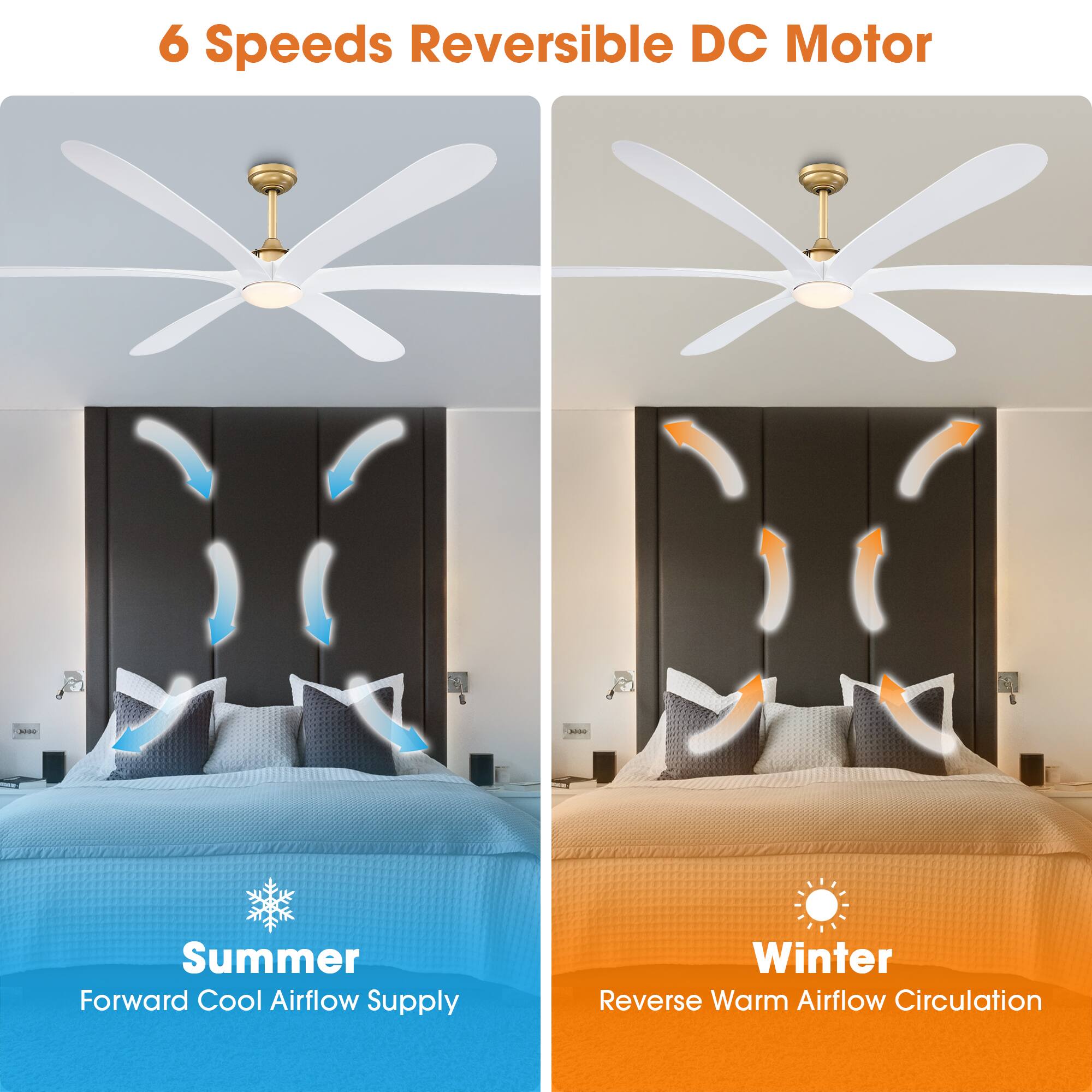 6 Speeds Reversible DC Motor

Summer  
Forward Cool Airflow Supply

Winter  
Reverse Warm Airflow Circulation