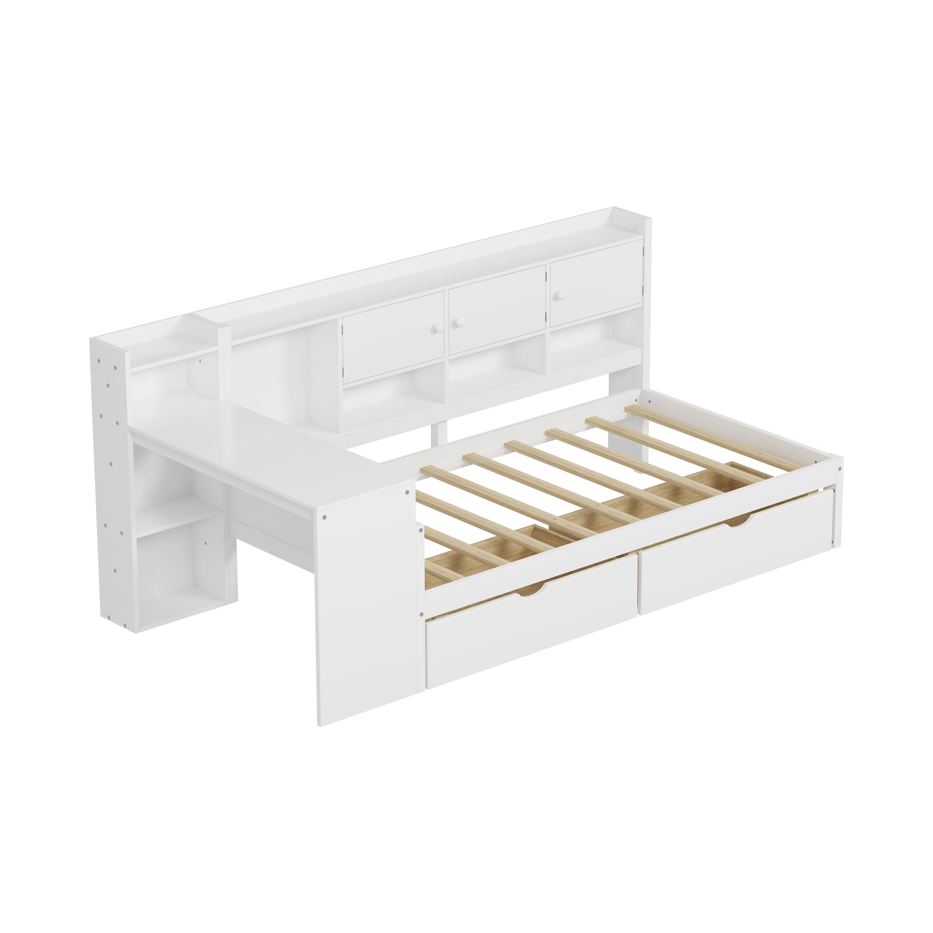 Alt View 1. Tiramisubest - Wooden L-Shape Daybed with Storage Cabinets and Drawers, Multi-functional Bed with Study Desk and Built-in Bookshelf - White.