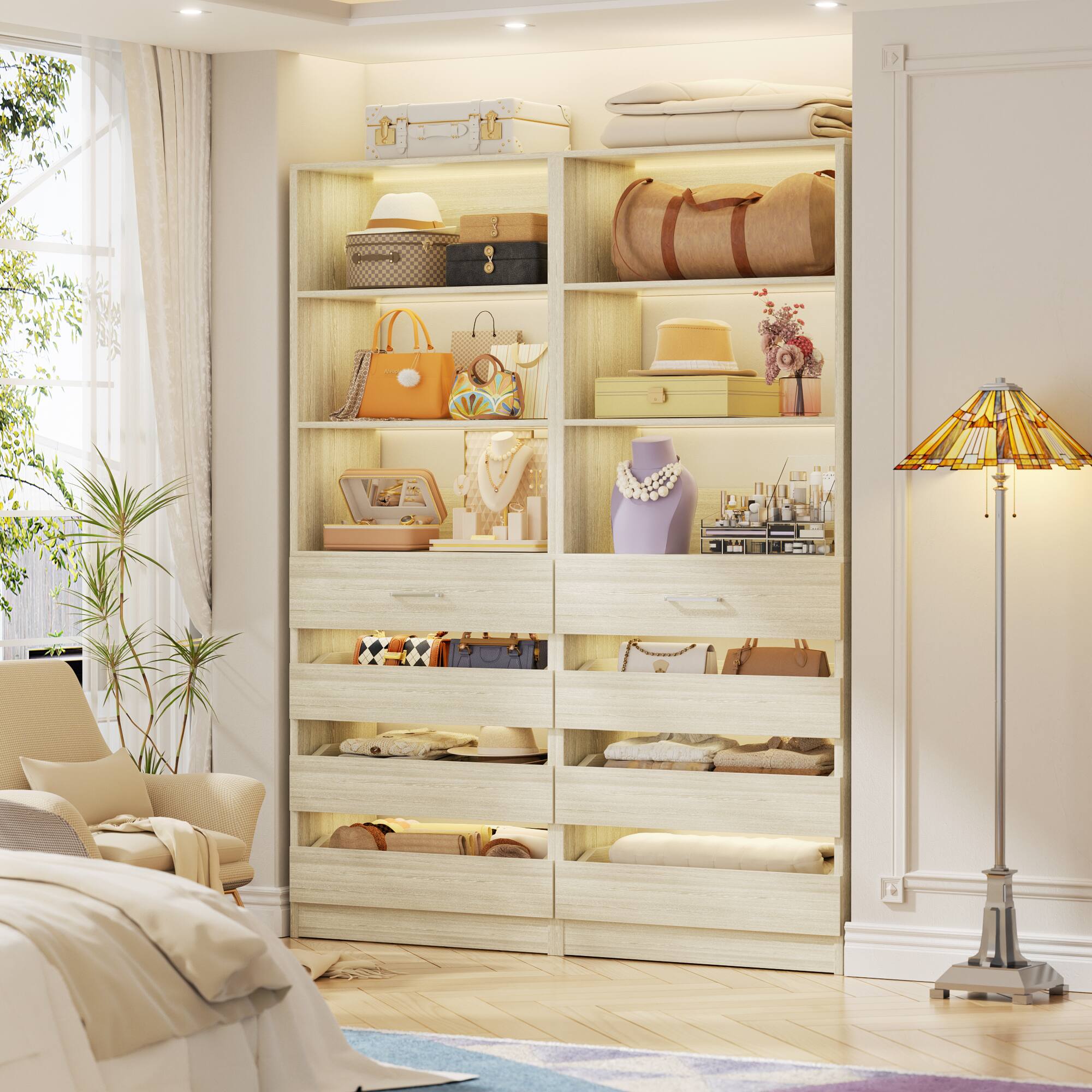 Left. Aheaplus - 2 Pack-Premium Wood Pantry Cabinet: 4 Drawers, 3 Shelves, Wall-Fit Design for Organized Kitchen Storage - White Oak.