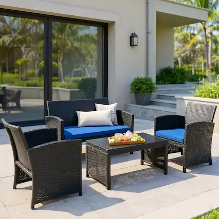 Front. Kadyn - 4 Pieces Patio Rattan Furniture Set, Outdoor Patio Furniture Set with Weather Resistant Cushions and Glass Tabletop-Navy - Blue.