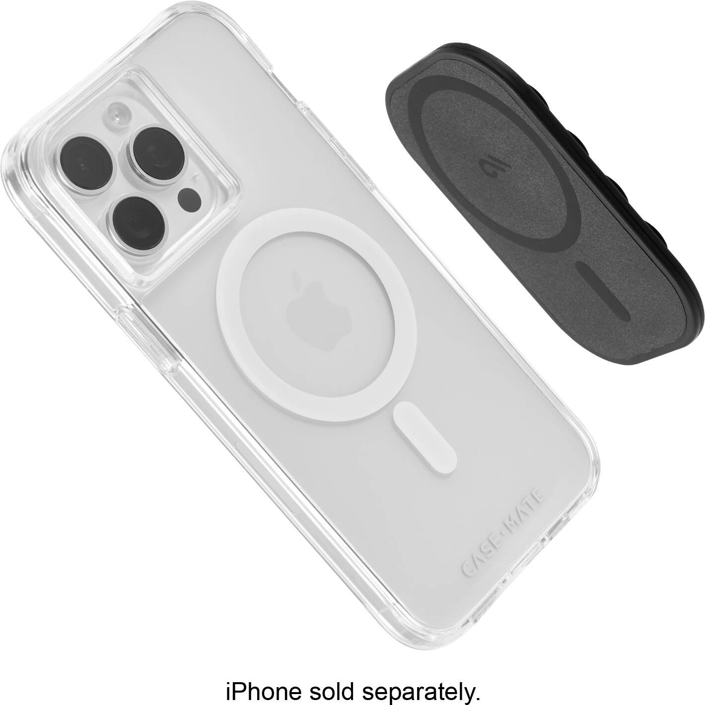 The image shows a white iPhone with a clear case on it. The case is made by Case-Mate and is designed to protect the phone. The case is clear, allowing the phone to be visible through it. The case is sold separately, meaning that it is not included with the iPhone.