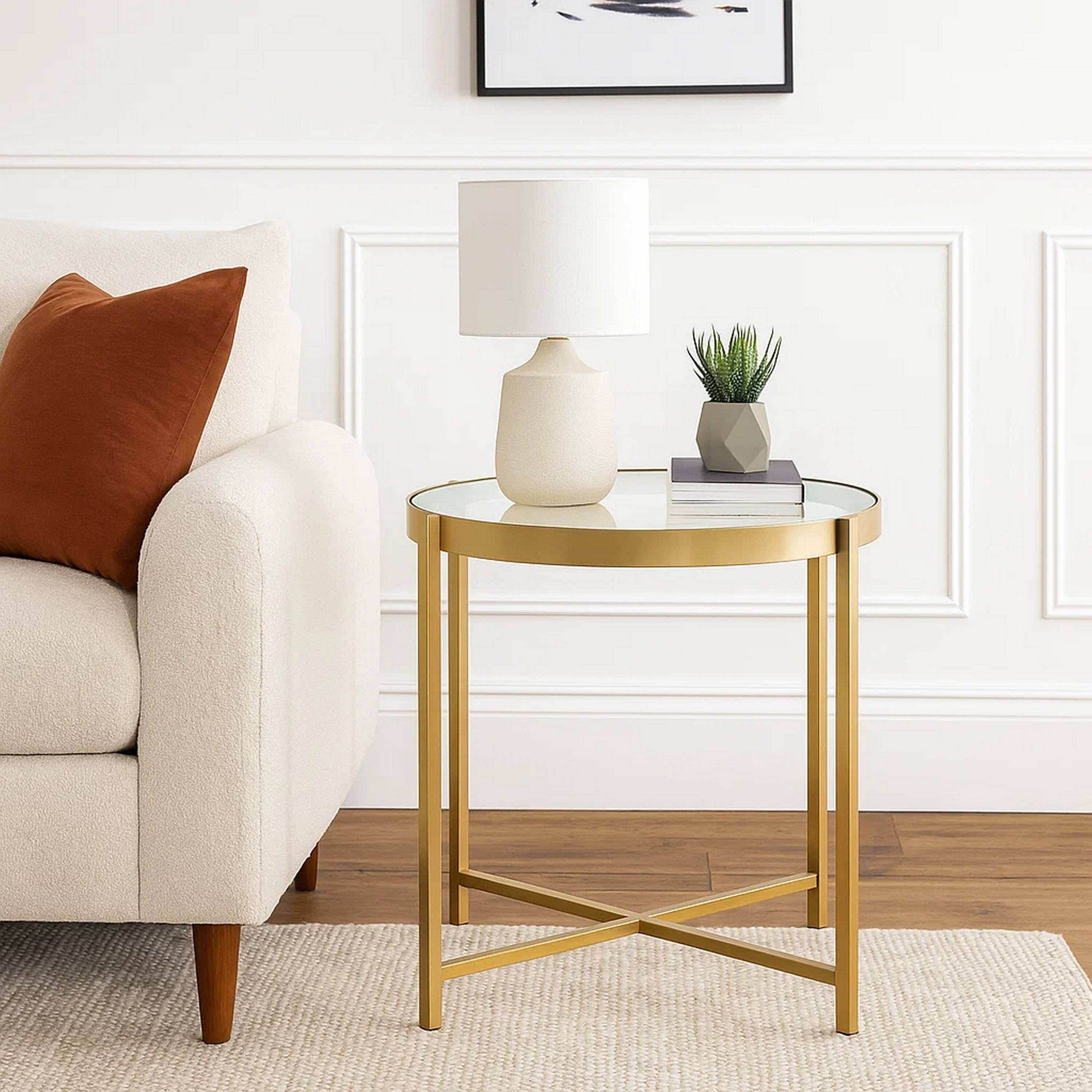 Alt View 5. Manhattan Lane - End Table with Round Glass Top and Metal Frame - Gold.