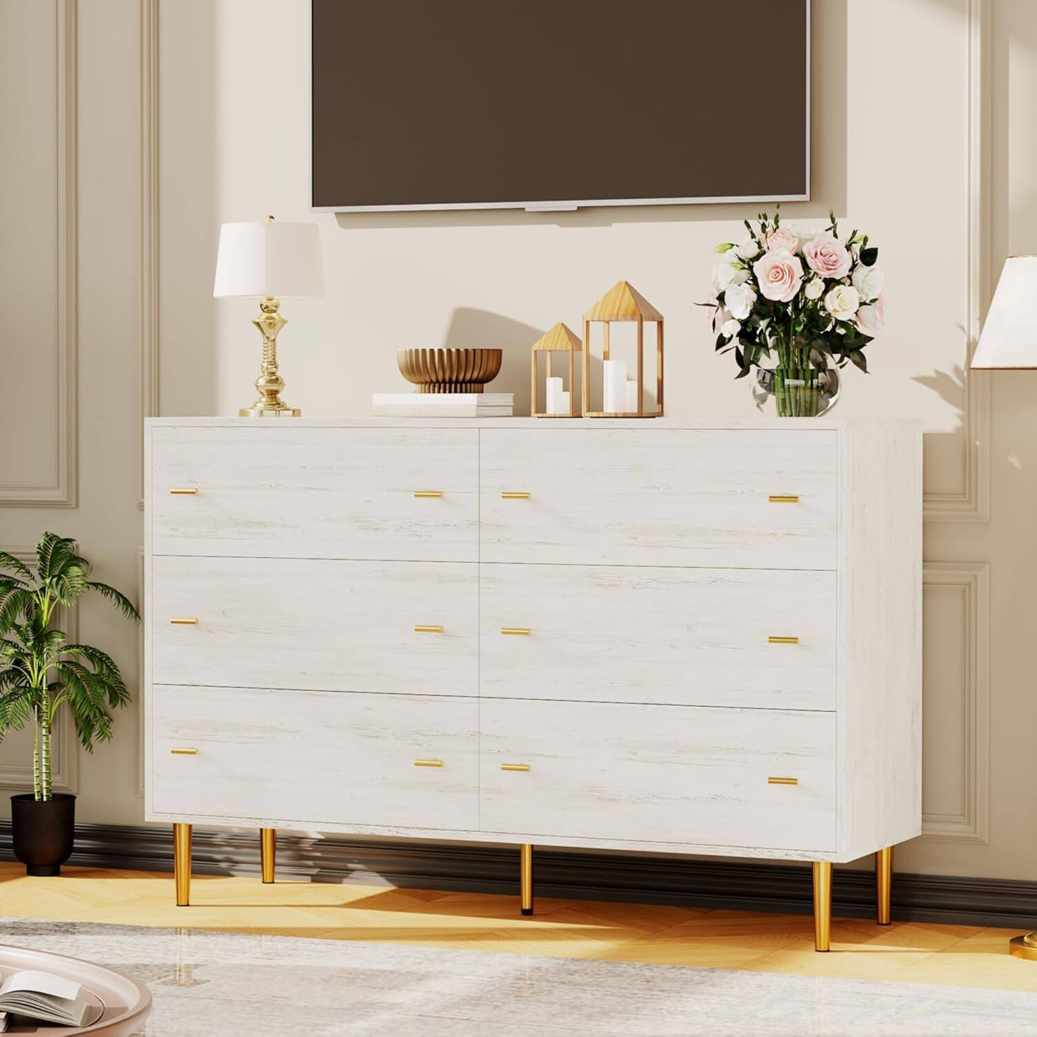 Left. GARVEE - Farmhouse 6 Drawer Dresser, 47.2" Wide Rustic Wood Chest with Bar Handles, Vintage Storage Organizer for Bedroom - White.