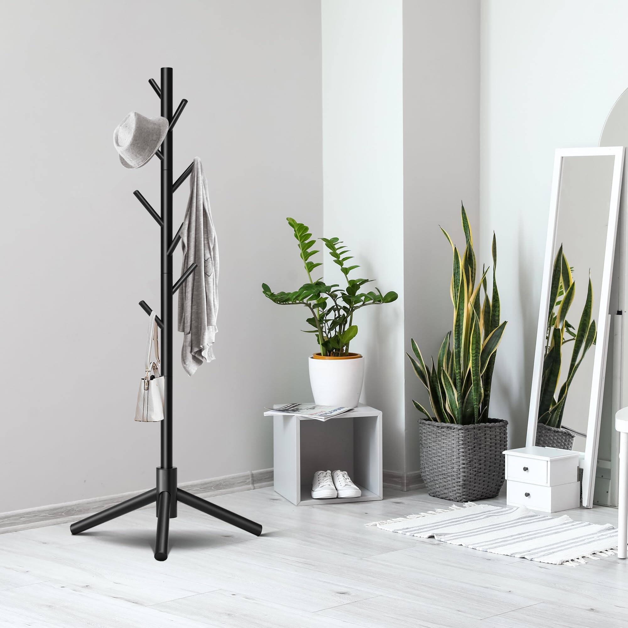 Back. Hirose Alice - Durable Wooden Coat Rack Freestanding With Stable Triangular Base 8 Hooks & 3 Adjustable Heights Simple - Black.