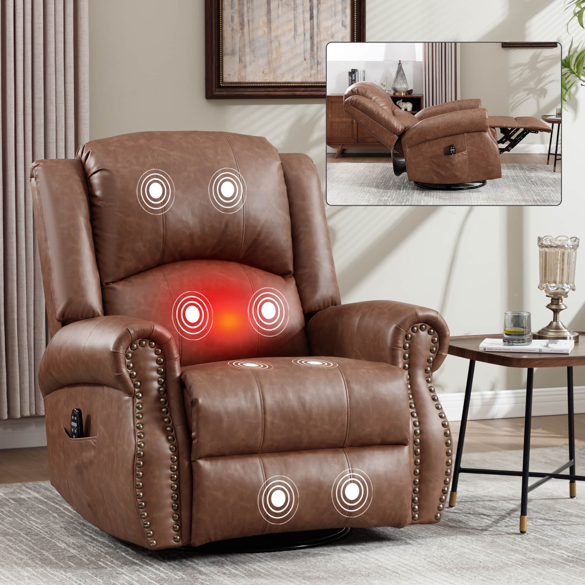 TinyHomie - Heat Massage Manual Recliner Chair with Rocker and Swivel in Fabric for Living Room Yellow - Yellow Brown