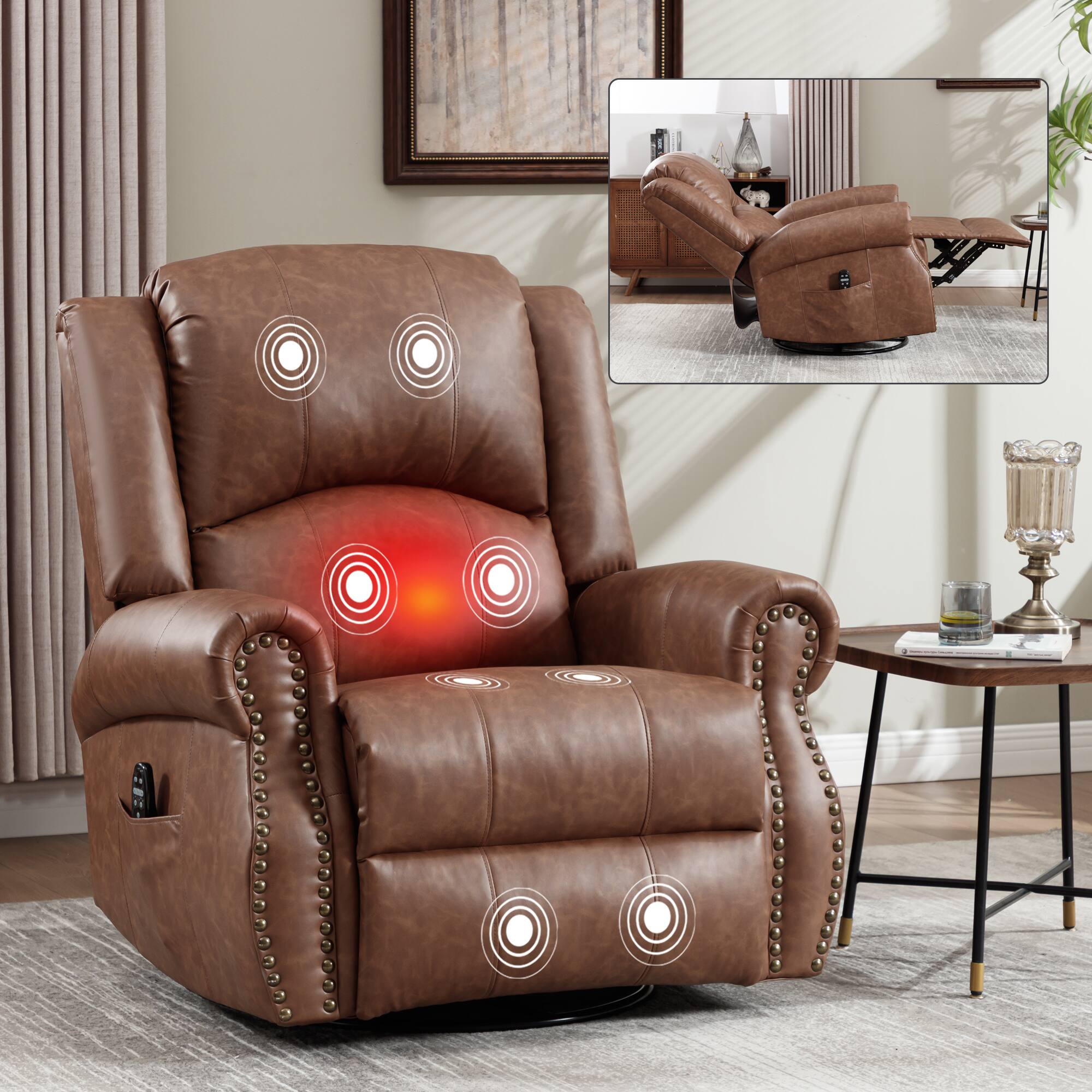Front. TinyHomie - Heat Massage Manual Recliner Chair with Rocker and Swivel in Fabric for Living Room Yellow - Yellow Brown.