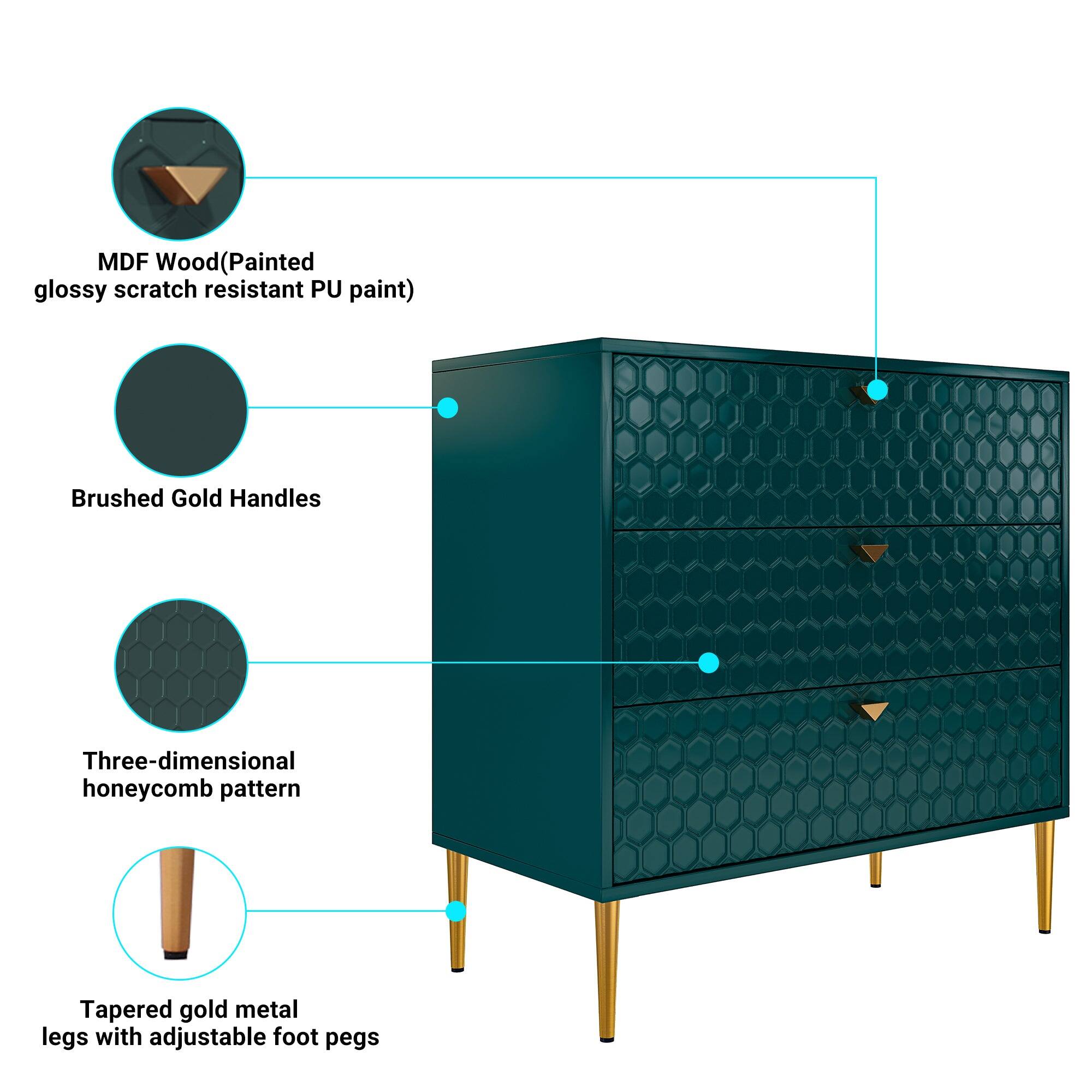- MDF Wood (Painted glossy scratch resistant PU paint)
- Brushed Gold Handles
- Three-dimensional honeycomb pattern
- Tapered gold metal legs with adjustable foot pegs