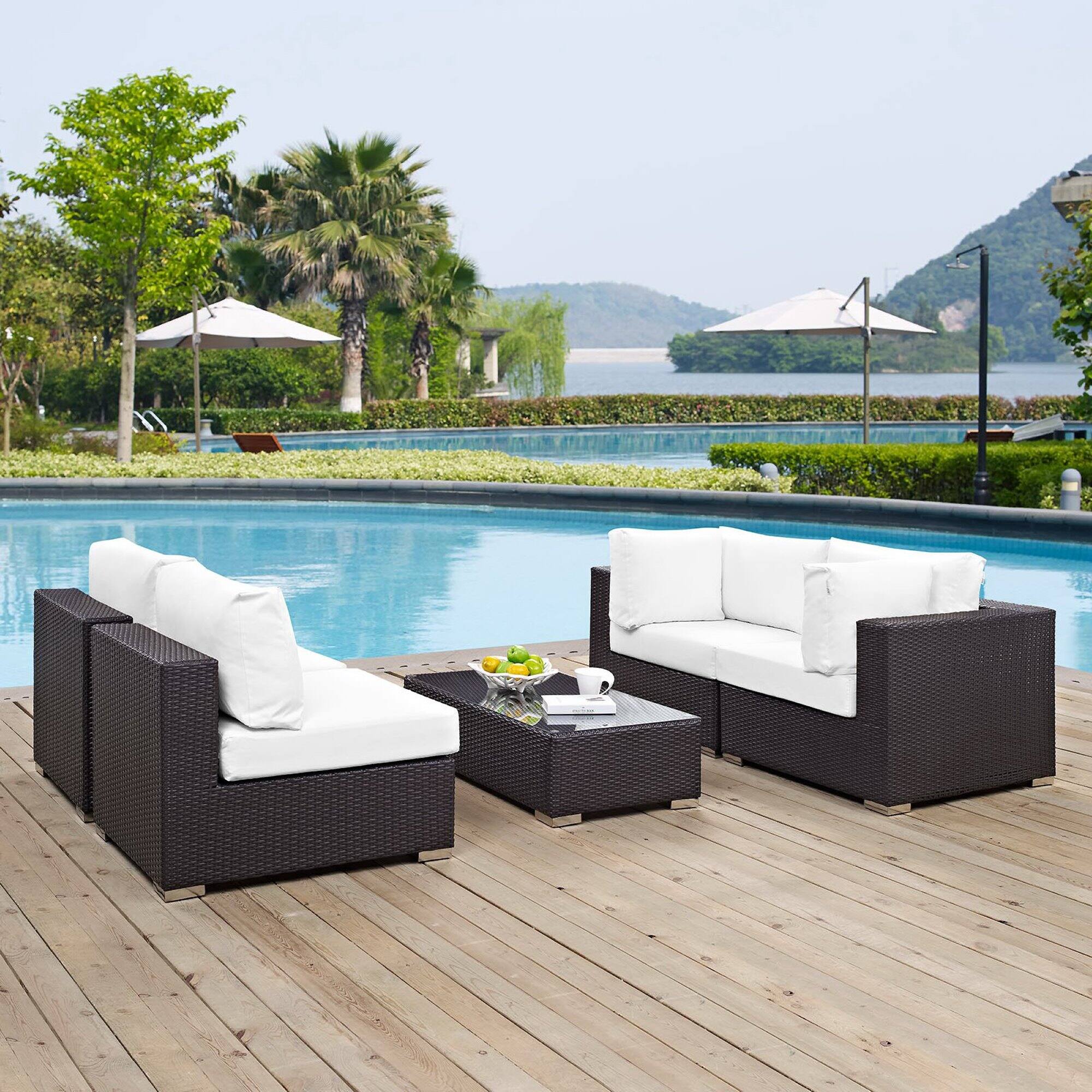 Alt View 3. Modway - Convene 5-Piece Outdoor Patio Sectional Set with Cushioned Seats and Armrests - Espresso White.