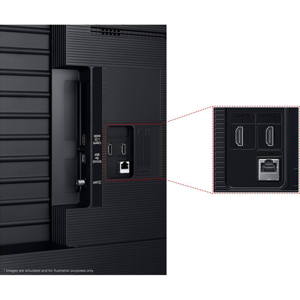 Sure, here is the corrected and grouped text from the image:

- HDMI 1 (ARC)
- HDMI 2
- HDMI 3
- HDMI 4
- HDMI 5
- LAN
- ANT
- USB (USB 3.0)
- HOME
- HOME
- Images are simulated and for illustration purposes only.