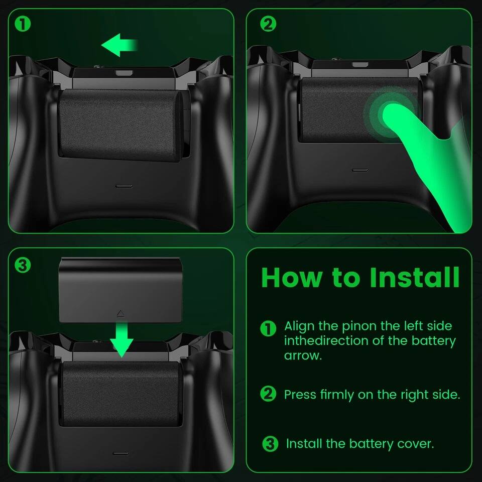 1. Align the pin on the left side in the direction of the battery arrow.
2. Press firmly on the right side.
3. Install the battery cover.