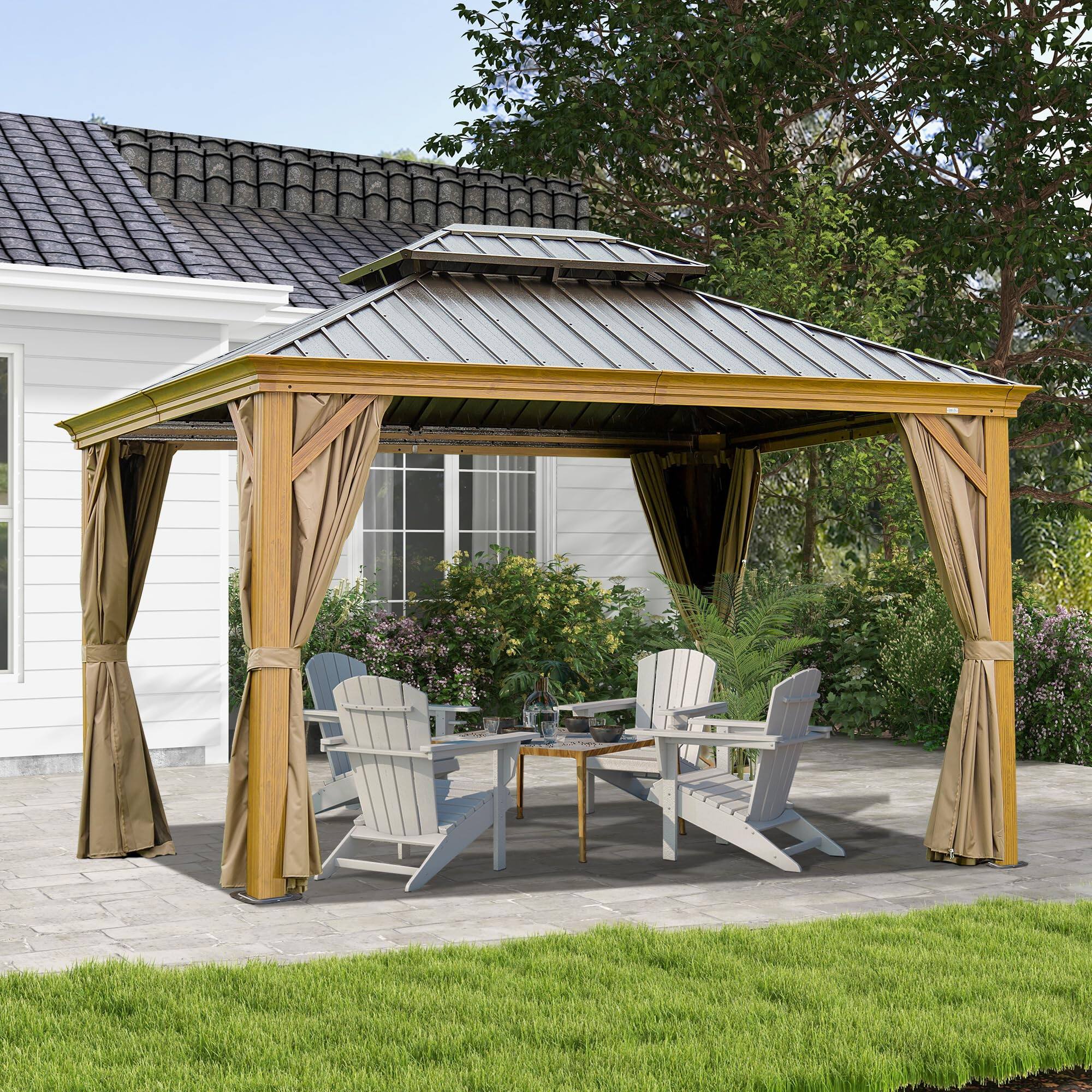 Angle. Mondawe - 10' X 14' Hardtop Gazebo with Wood Grain Aluminum Frame - Wood.
