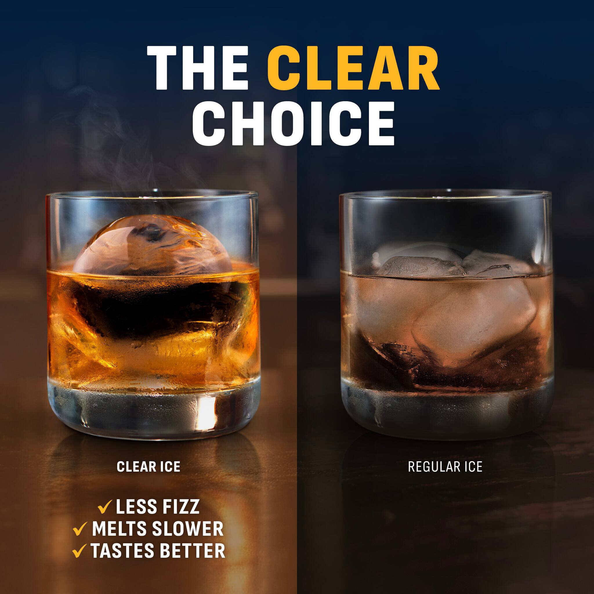 THE CLEAR CHOICE

CLEAR ICE
- LESS FIZZ
- MELTS SLOWER
- TASTES BETTER

REGULAR ICE