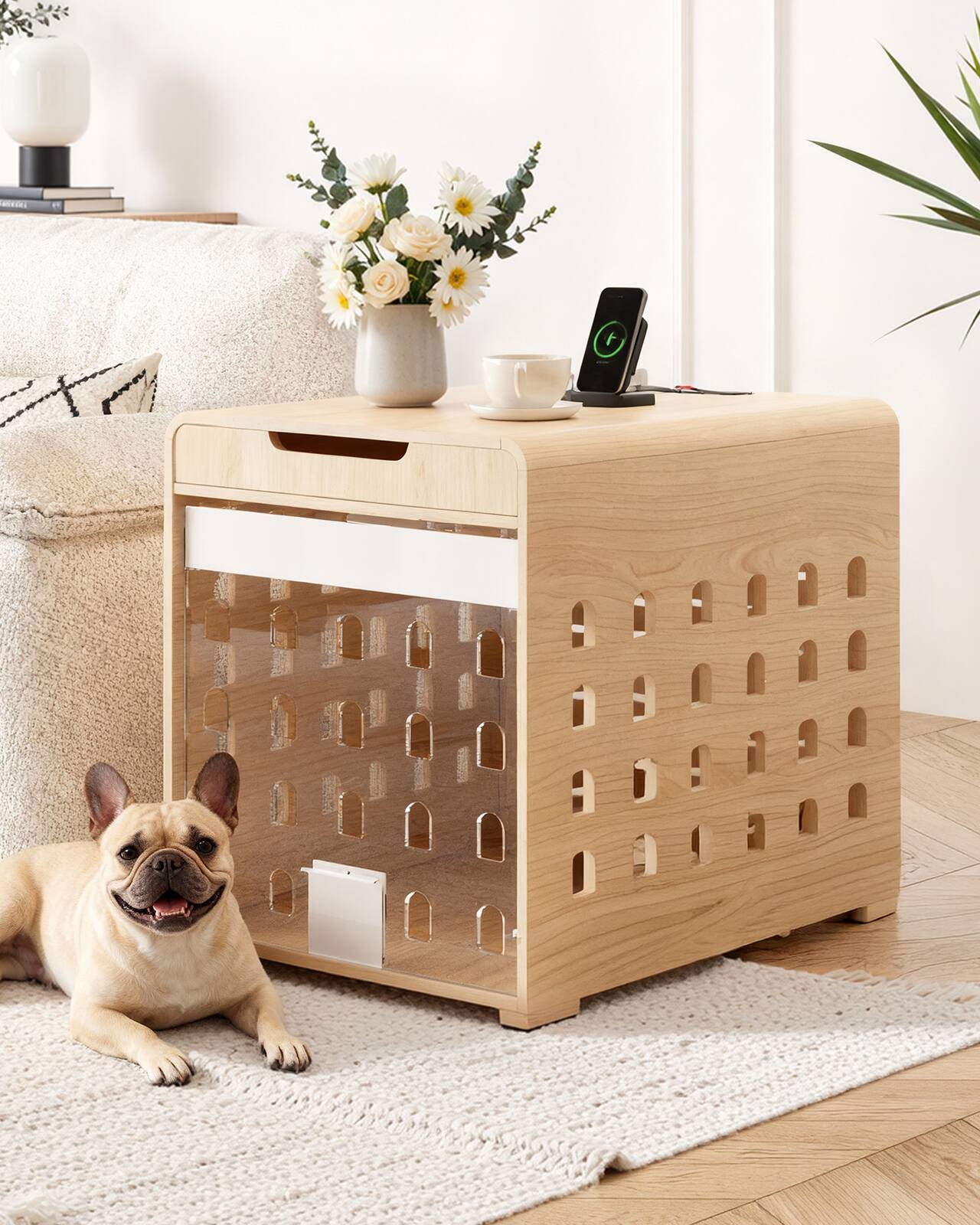 Angle. Sugift - Dog Crate Furniture End Table With 4-in-1 Charging Station Hidden Door For Small Dogs Up To 45lb - Oak.
