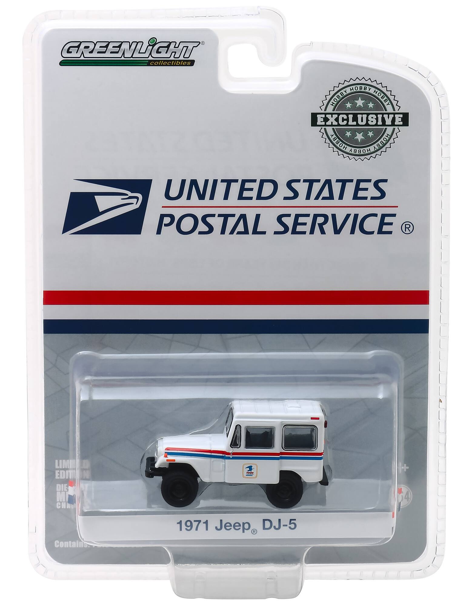 GREENLIGHT collectibles  
HORBY HOBBY HOBBY EXCLUSIVE  
HOBA HOBBY  
UNITED STATES POSTAL SERVICE  
R  
LIME EDIT N DIE M CHN  
Contains  
1971 Jeep DJ-5