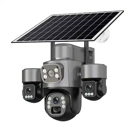Front. Cluzine - Triple Lens Solar Security Camera, 360° PTZ, Two-Way Audio, Human Detection,Outdoor Surveillance.