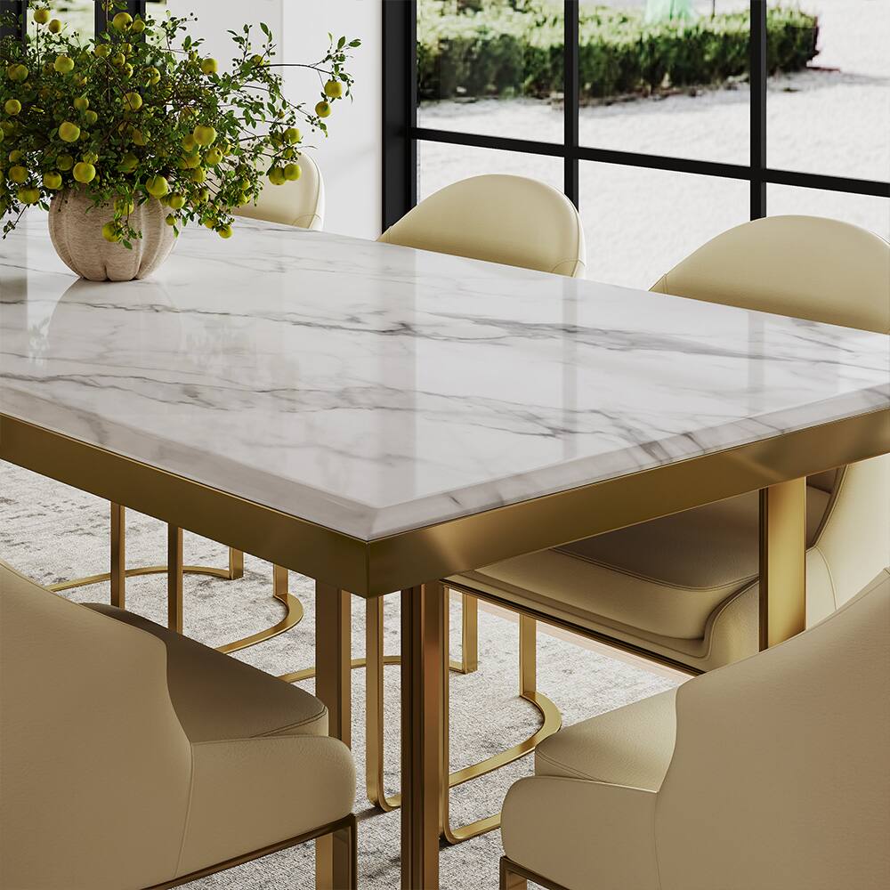 Alt View 4. POVISON - 71"Bura Modern Faux Marble Dining Table For 6, White Rectangular Tabletop Gold Stainless Legs - White.