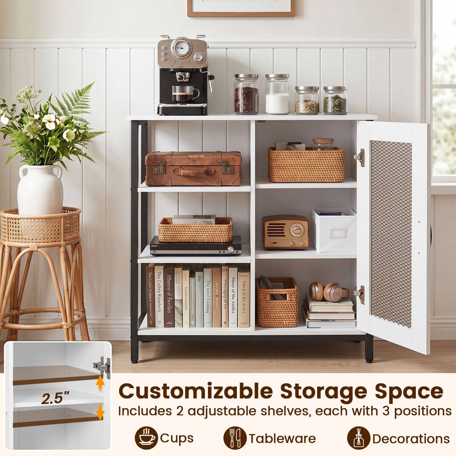 5 E Cadhos SORRIAL IANUPES The conse Rocelvra Hisnyy a Trudles SWETS ! Vun : I . I Miscupary M  R Ilke Anies Aictol  r 2.5" Customizable Storage Space Includes 2 adjustable shelves, each with 3 positions $5s Cups 19 Tableware Decorations