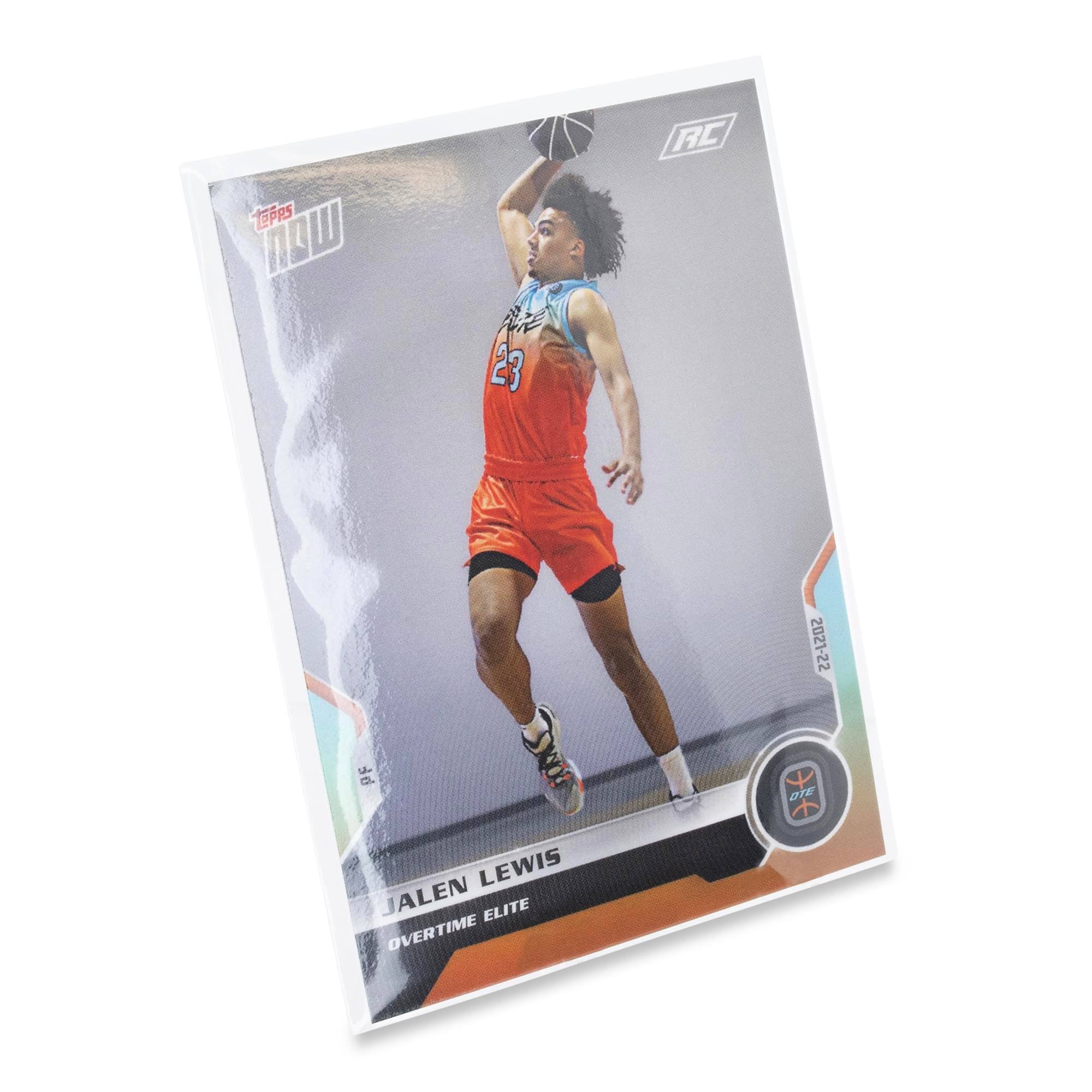 Sure, here is the corrected and grouped text from the image:

- **Top Left:** "TOPPS NOW"
- **Top Right:** "RC"
- **Player Information:**
  - "JALEN LEWIS"
  - "OVERTIME ELITE"
- **Position:** "PF"
- **Year:** "2021-22"
- **Card Details:**
  - "23"
  - "RC"
  - "PF"
  - "2021-22"
  - "D7E"