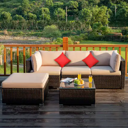 Front. Gymax - Gymax 5PCS Rattan Sectional Sofa Set Patio Furniture Set w/ Beige Cushion Pillow - Beige.