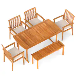 Costway - 6PCS Outdoor Acacia Wood Dining Set Rectangle Dining Table with 4 Chairs & Bench - Natural