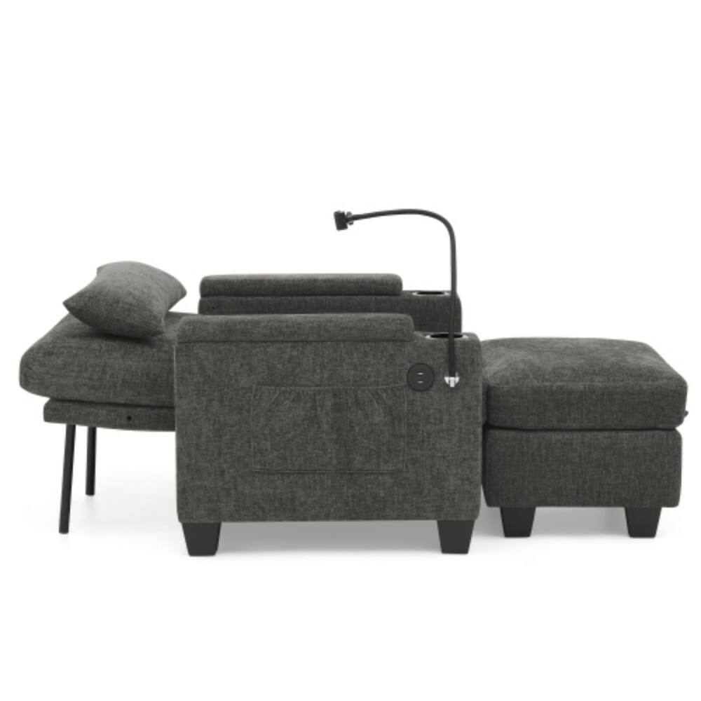 Alt View 6. LUCKY ONE - Single Sofa Recliner w/ Manual Backrest USB Port Cup Holders Hidden Storage Ottoman - Gray.