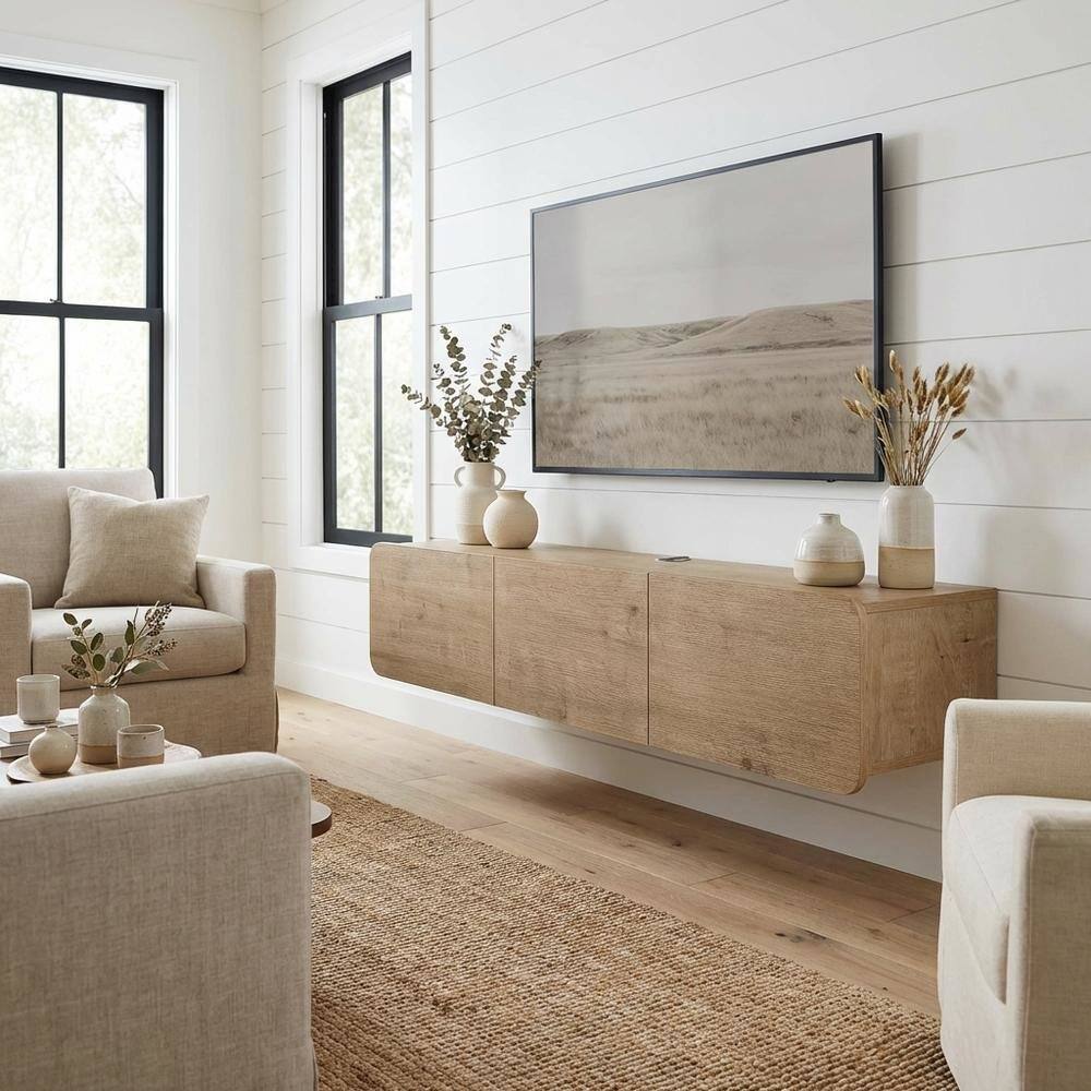 Alt View 1. FurniFact - Modern Brown Floating TV Stand Wall Mounted for 80 Inch TVs with Wooden Veneers - Beige.