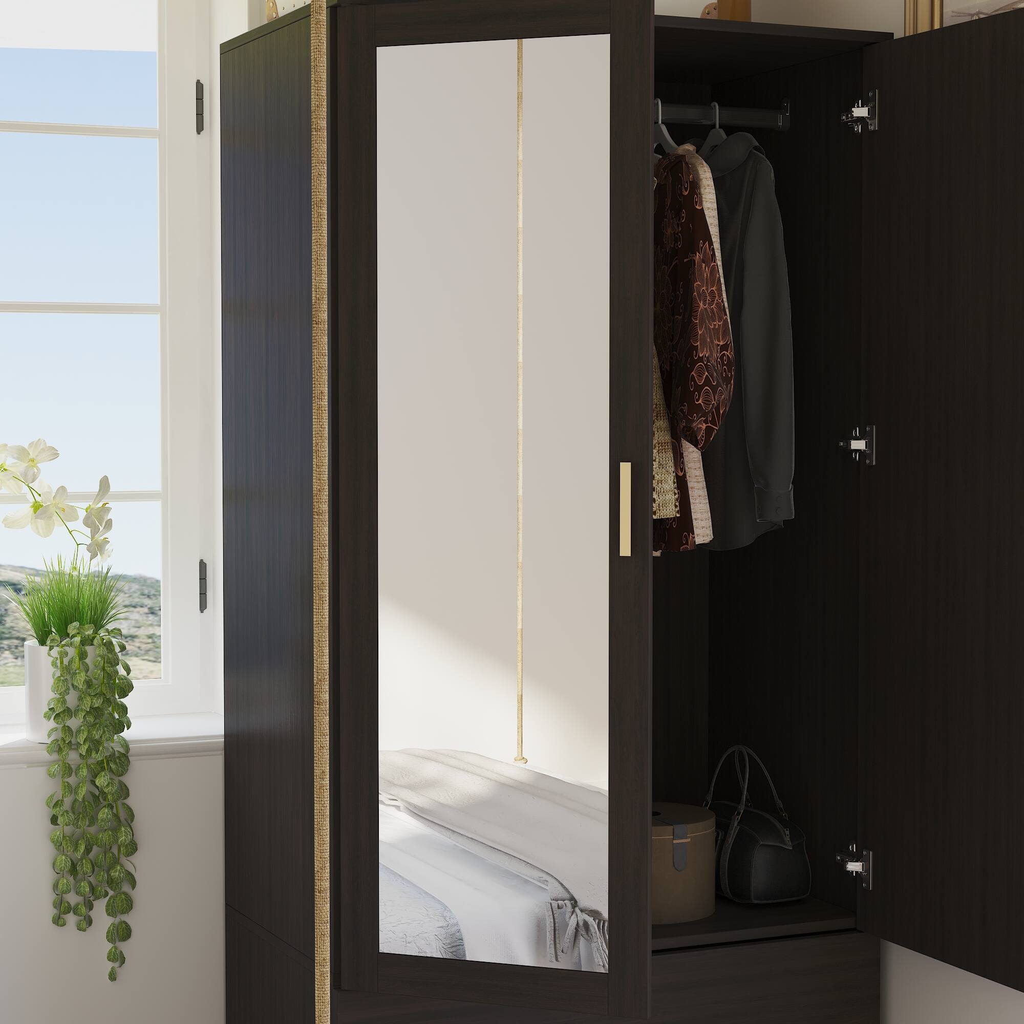Alt View 4. FUFU&GAGA - Wardrobe Closet with Mirror Small Armoire Storage Cabinet with Hanging Rod Shelves and Drawers for Bedroom - Black.